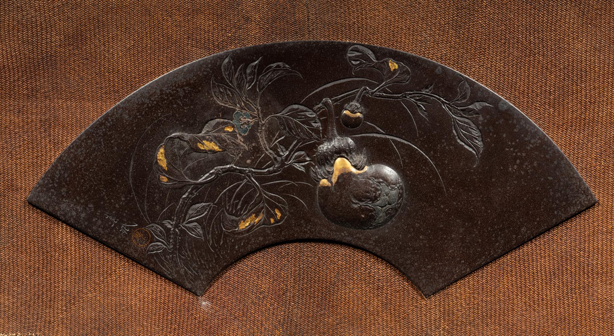 A Japanese Mixed-Metal Fan-Shape Panel by Funakoshi Harumi (1868-1940)