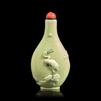 A Chinese Pale Yellow Enameled Biscuit "Cranes and Pine" Snuff Bottle