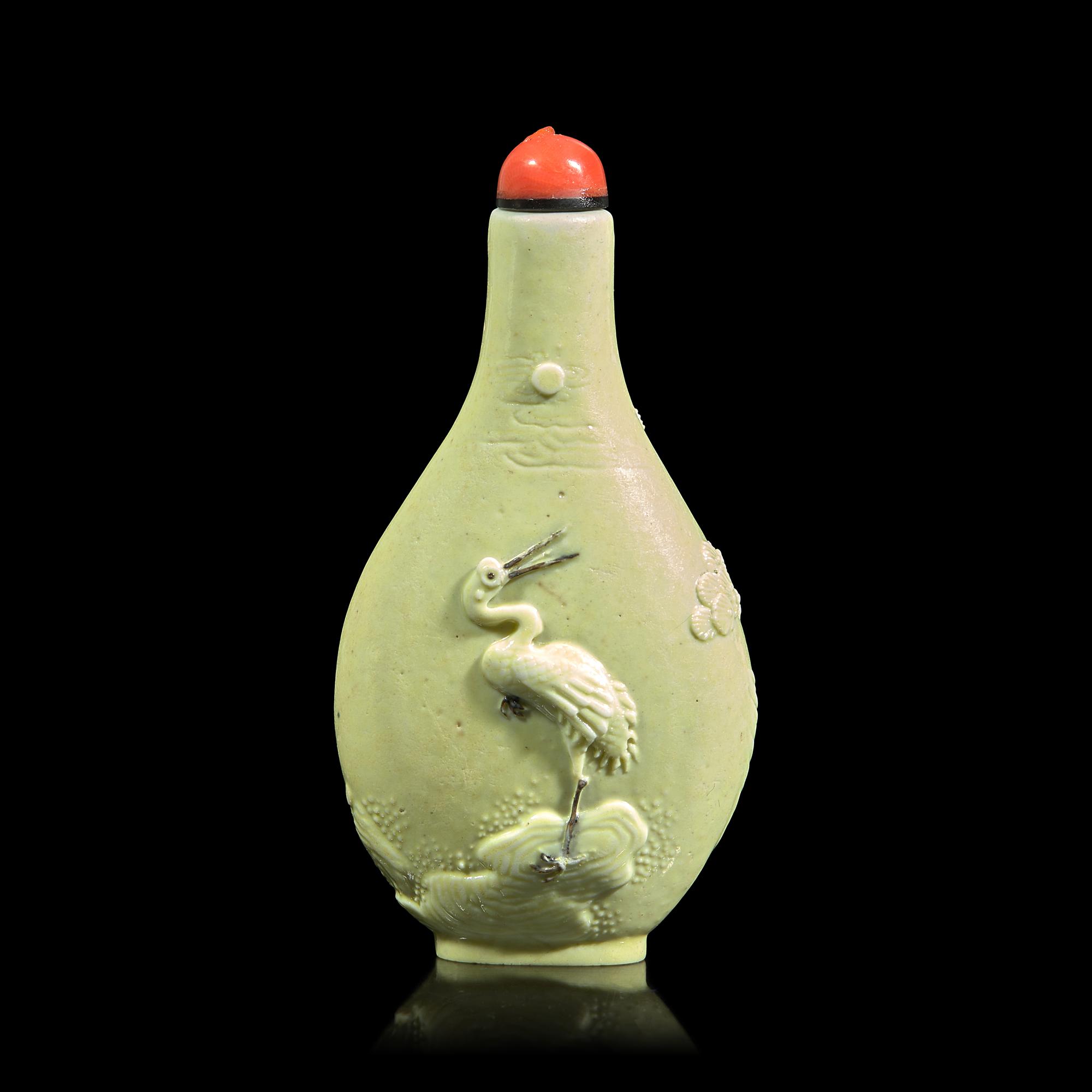A Chinese Pale Yellow Enameled Biscuit "Cranes and Pine" Snuff Bottle