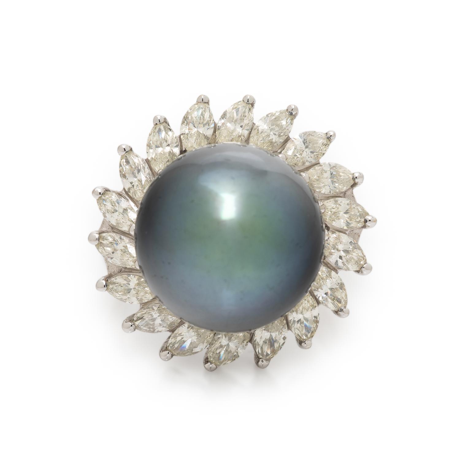 Gray Cultured Pearl, Diamond, and White Gold Ring
