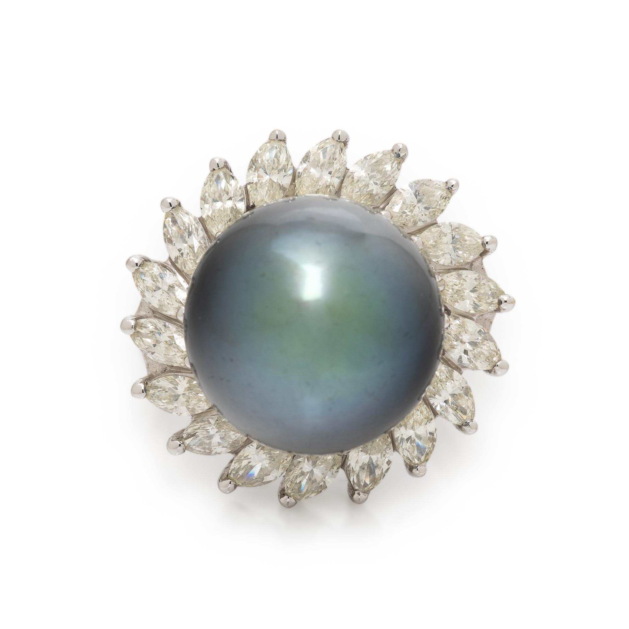 Gray Cultured Pearl, Diamond, and White Gold Ring