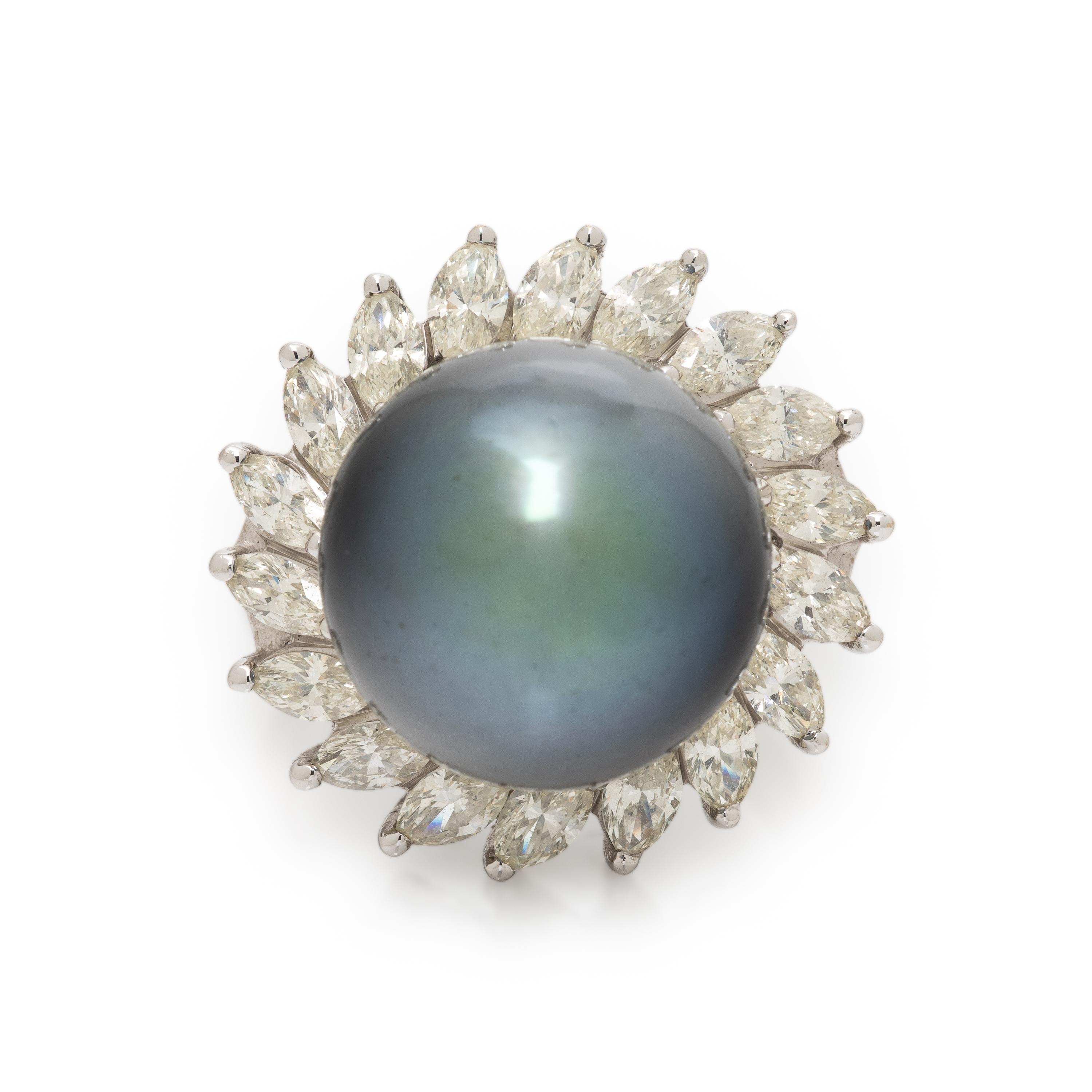 Gray Cultured Pearl, Diamond, and White Gold Ring