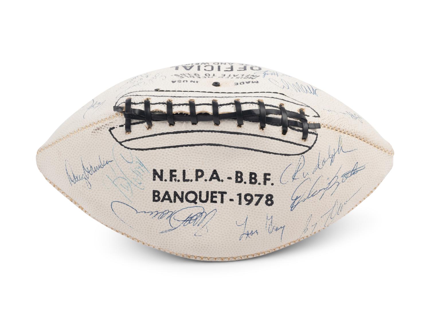A Vintage 1978 NFLPA Banquet Multi Signed (31 Signatures) Autograph Football Including Walter Payton and Roger Staubach Period Signatures (Beckett Authentication Services Letter BAS Certified),