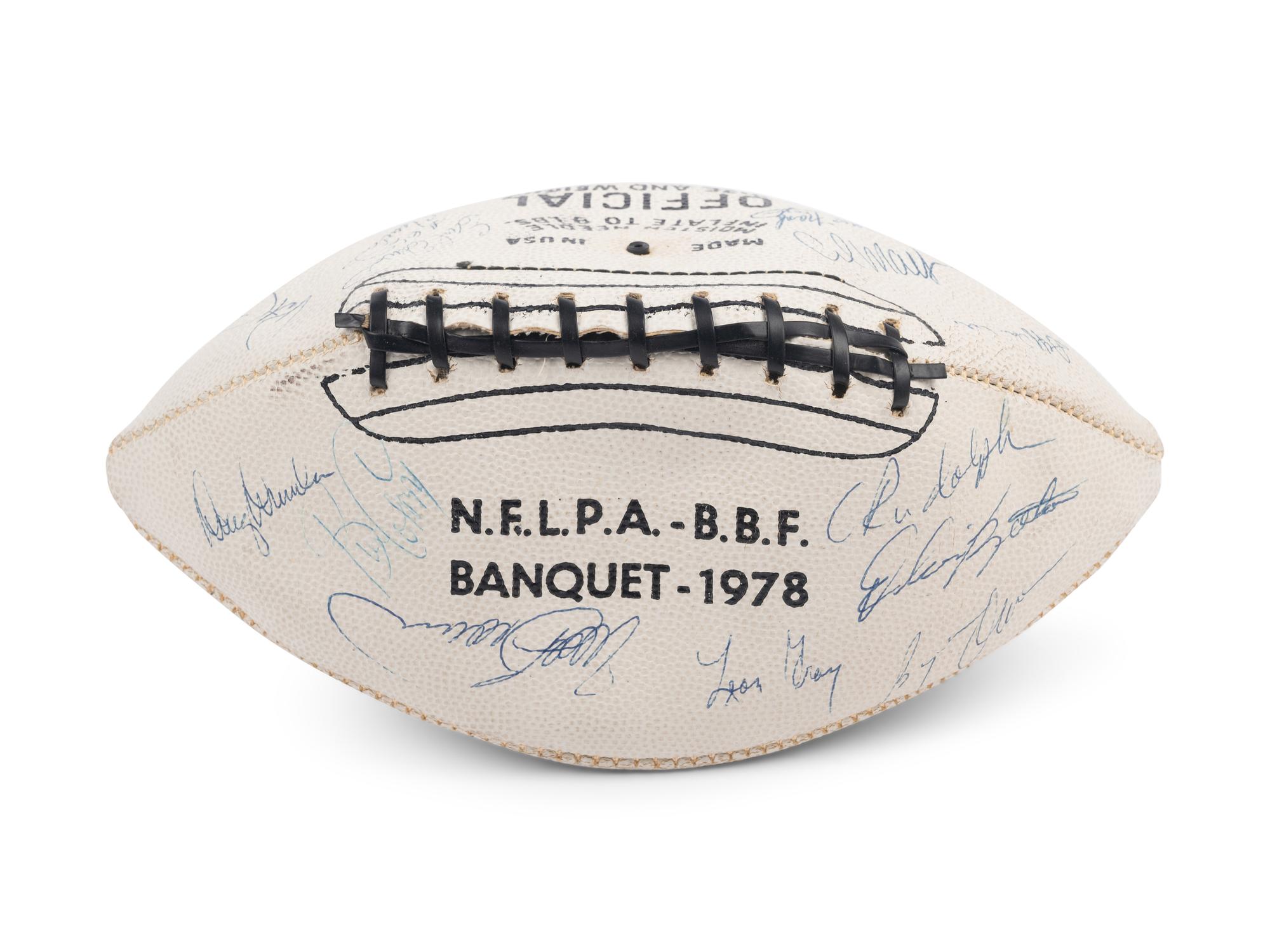 A Vintage 1978 NFLPA Banquet Multi Signed (31 Signatures) Autograph Football Including Walter Payton and Roger Staubach Period Signatures (Beckett Authentication Services Letter BAS Certified),