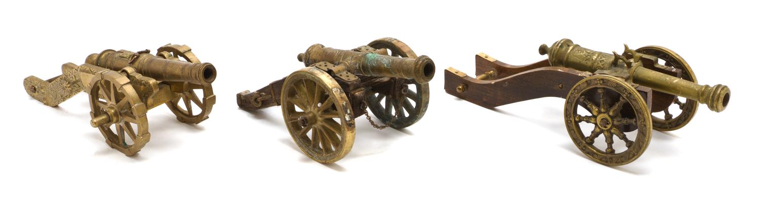 Three Brass Models of Cannons, Length of longest 12 1/4 inches.