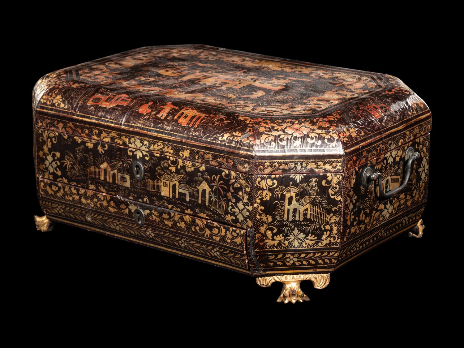 A Chinese Export Gilt Lacquered Sewing Case