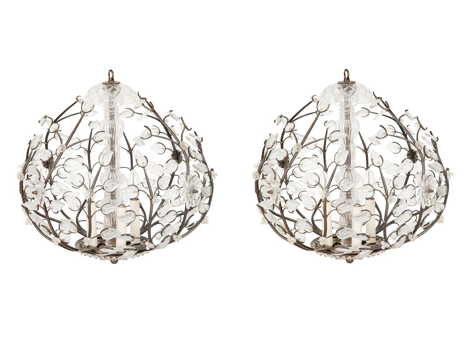 A Pair of Gilt Metal and Etched Crystal Leaf Globe-form Chandeliers in the Manner of Maison Bagues — 20th Century
