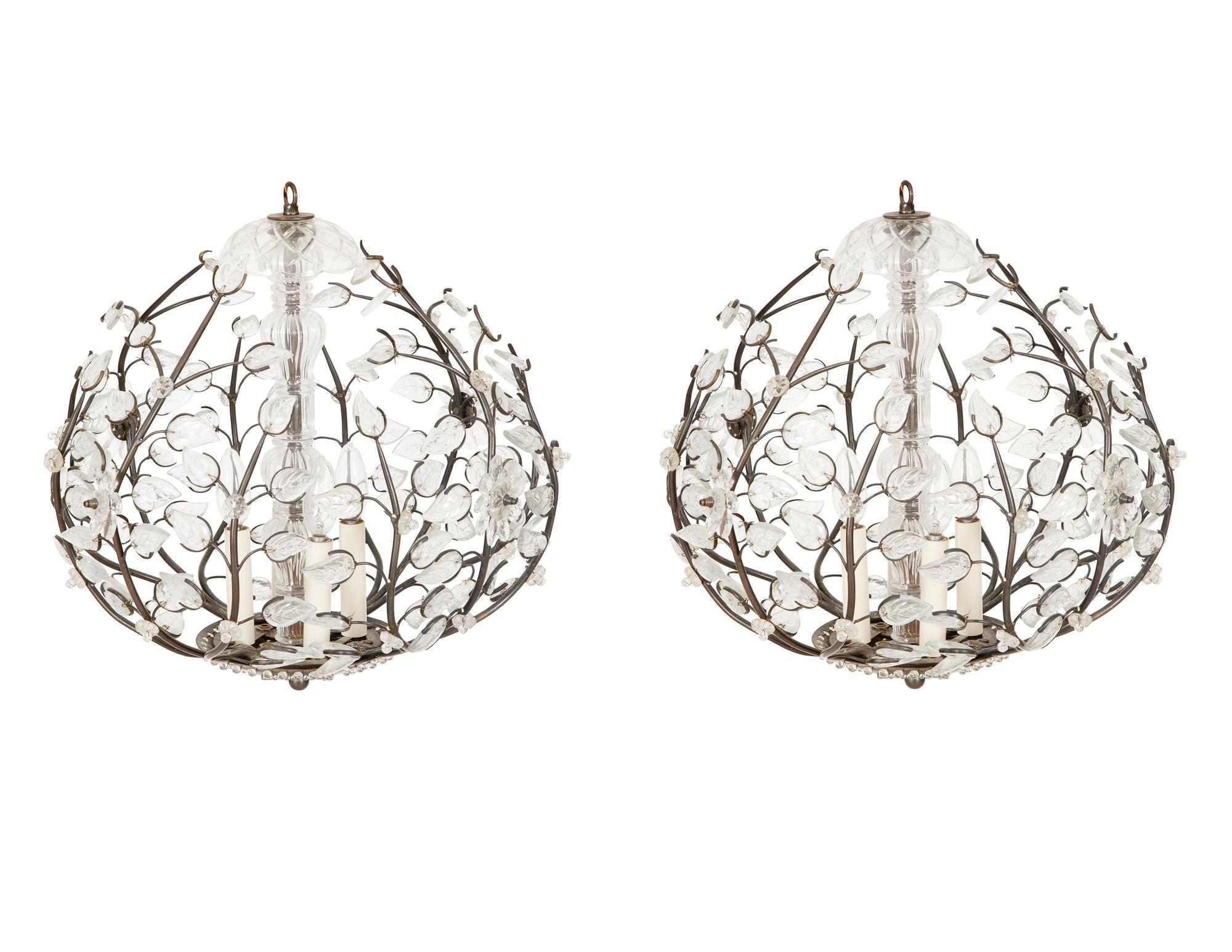 A Pair of Gilt Metal and Etched Crystal Leaf Globe-form Chandeliers in the Manner of Maison Bagues — 20th Century
