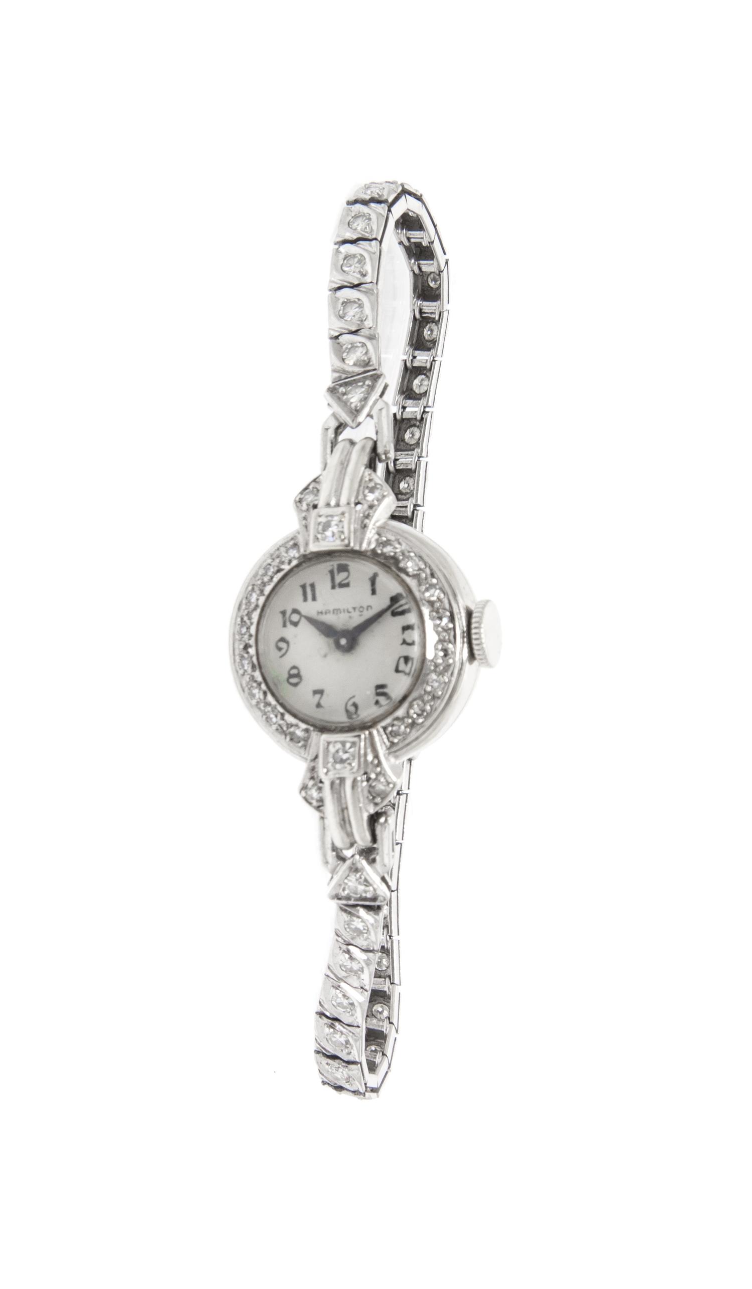 A Platinum, 14 Karat White Gold and Diamond Wristwatch, Hamilton, 12.10 dwts.