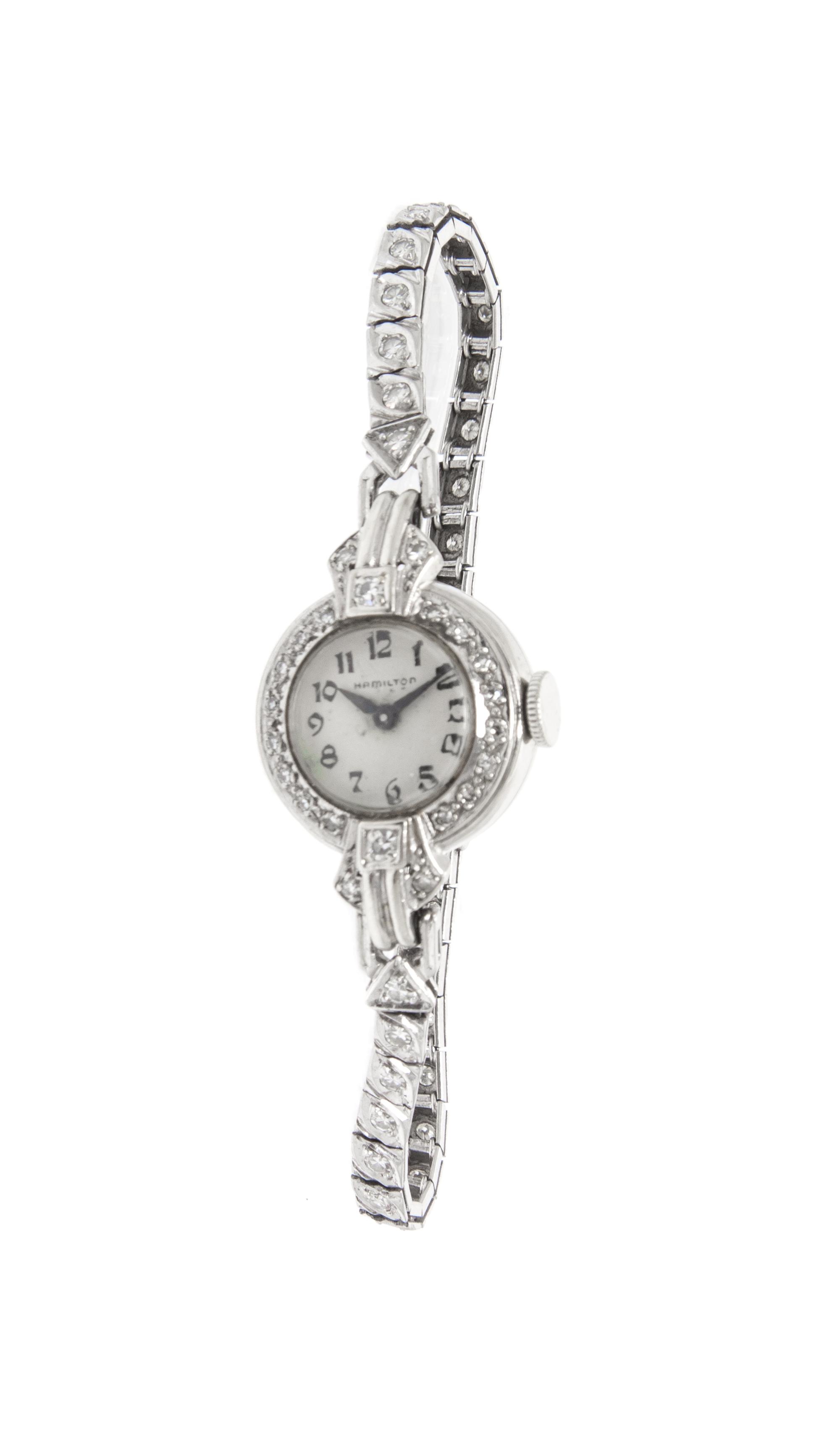 A Platinum, 14 Karat White Gold and Diamond Wristwatch, Hamilton, 12.10 dwts.