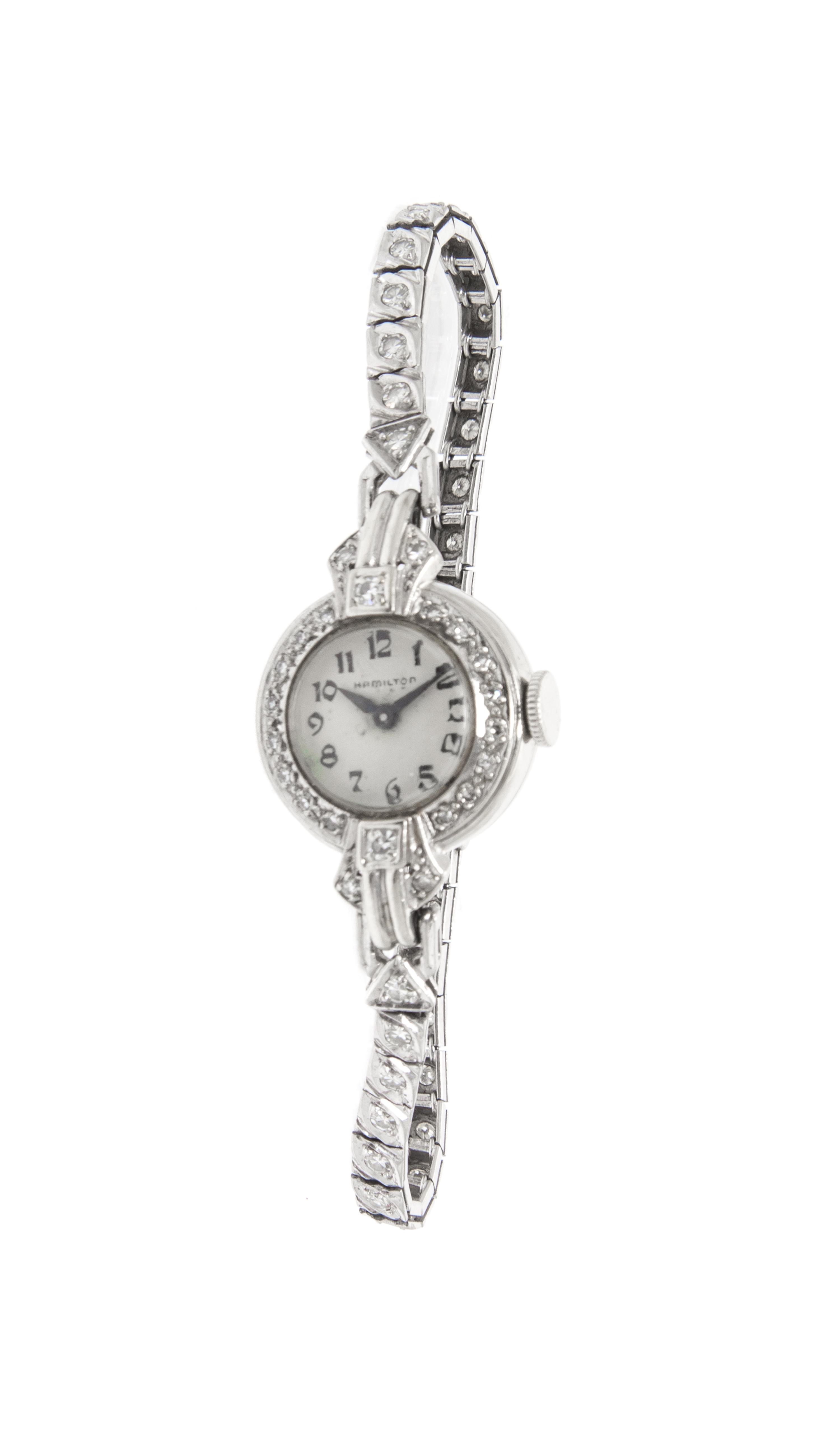 A Platinum, 14 Karat White Gold and Diamond Wristwatch, Hamilton, 12.10 dwts.