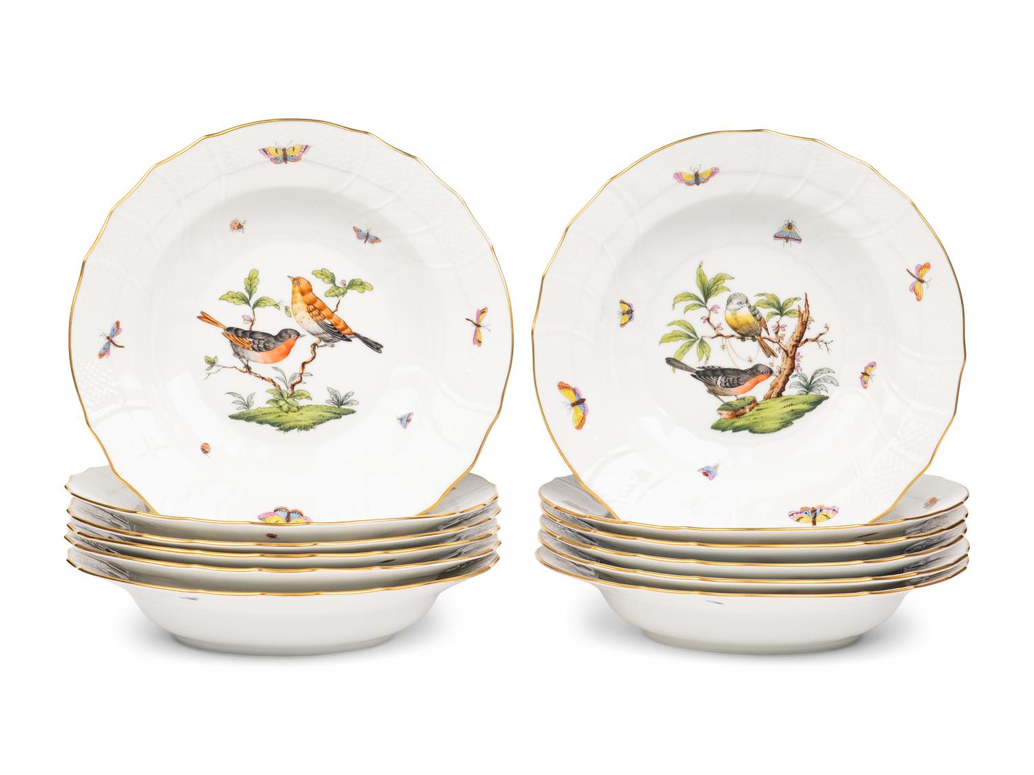 A Set of Twelve Herend Rothschild Bird Porcelain Soup Bowls