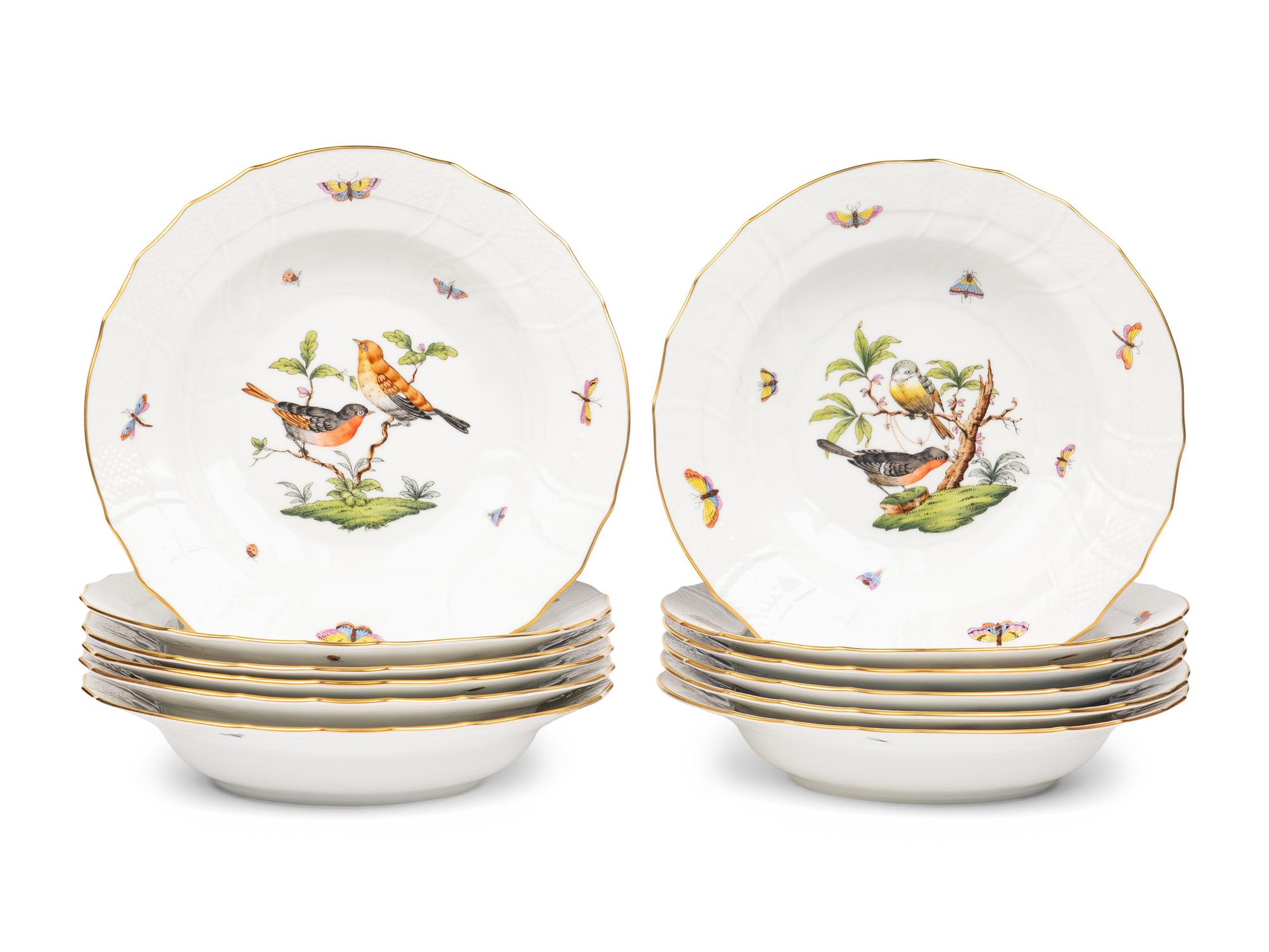 A Set of Twelve Herend Rothschild Bird Porcelain Soup Bowls