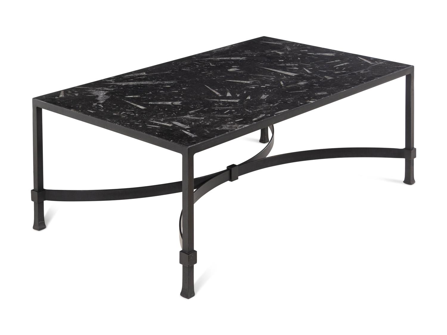A Contemporary Iron and Fossilized Stone Cocktail Table
