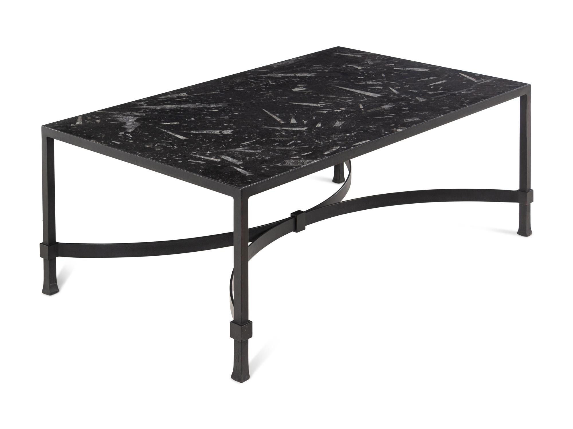 A Contemporary Iron and Fossilized Stone Cocktail Table