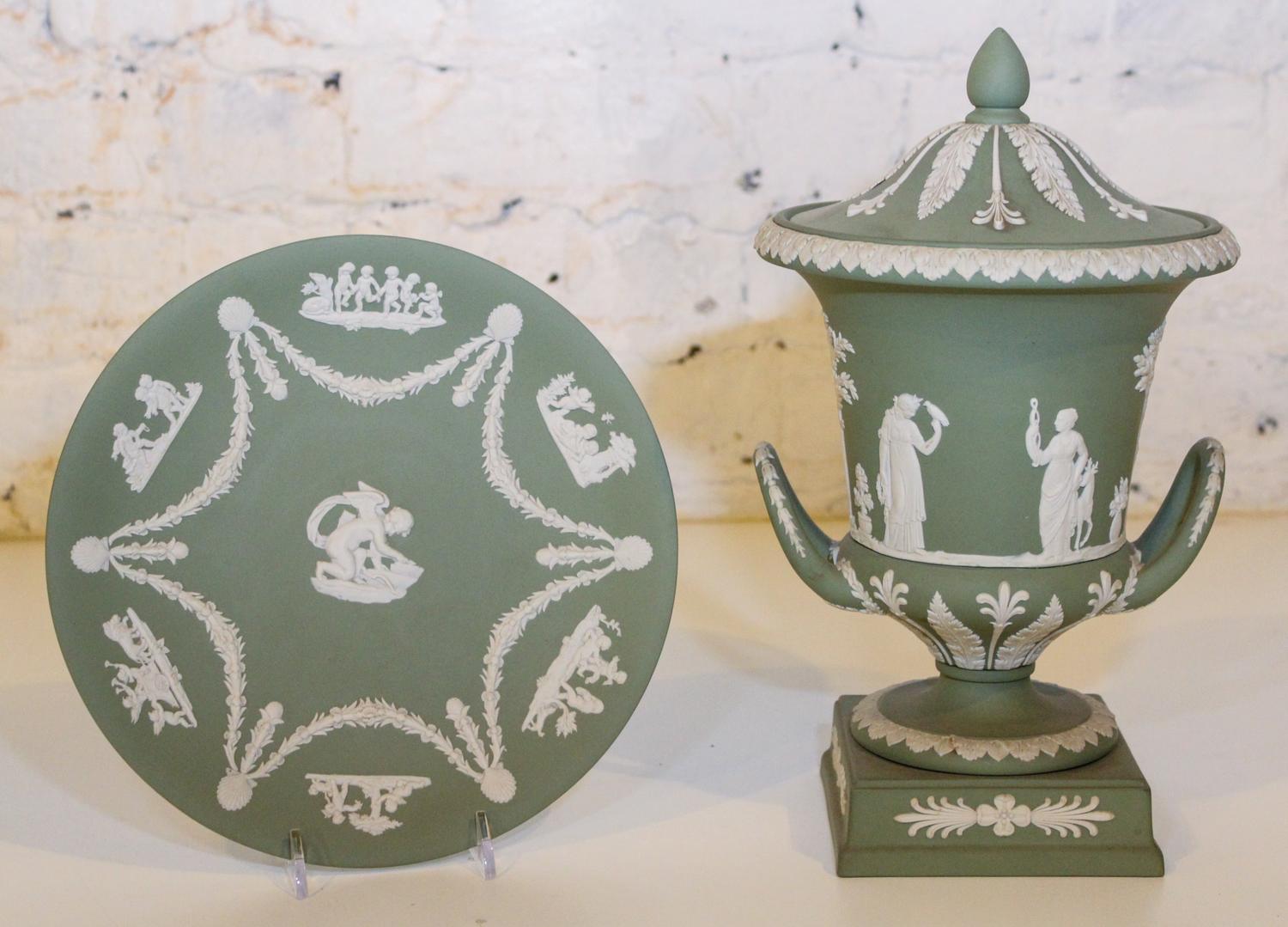 A Wedgwood Jasperware Covered Urn Height of first 11 1/2 inches.