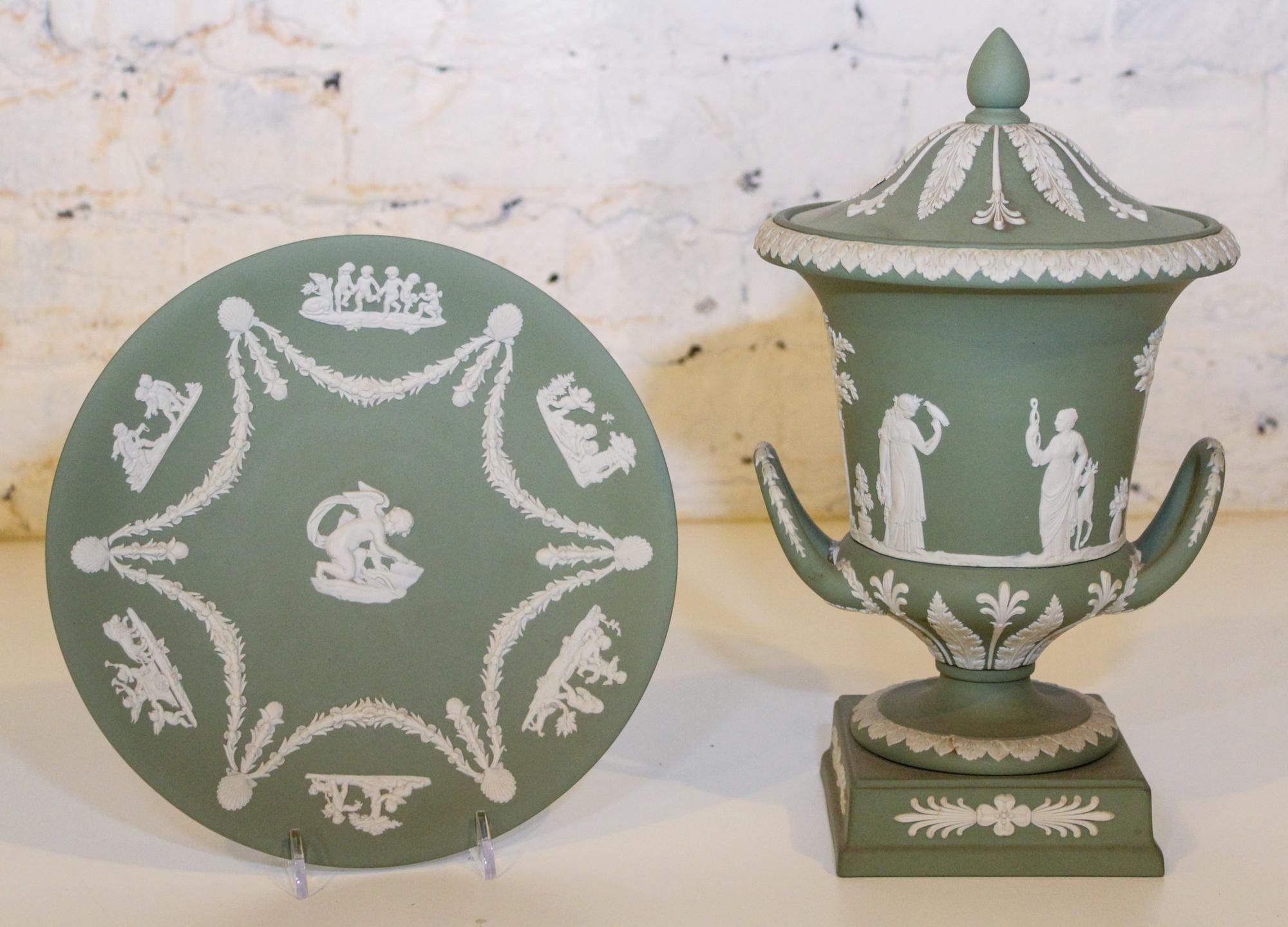 A Wedgwood Jasperware Covered Urn Height of first 11 1/2 inches.