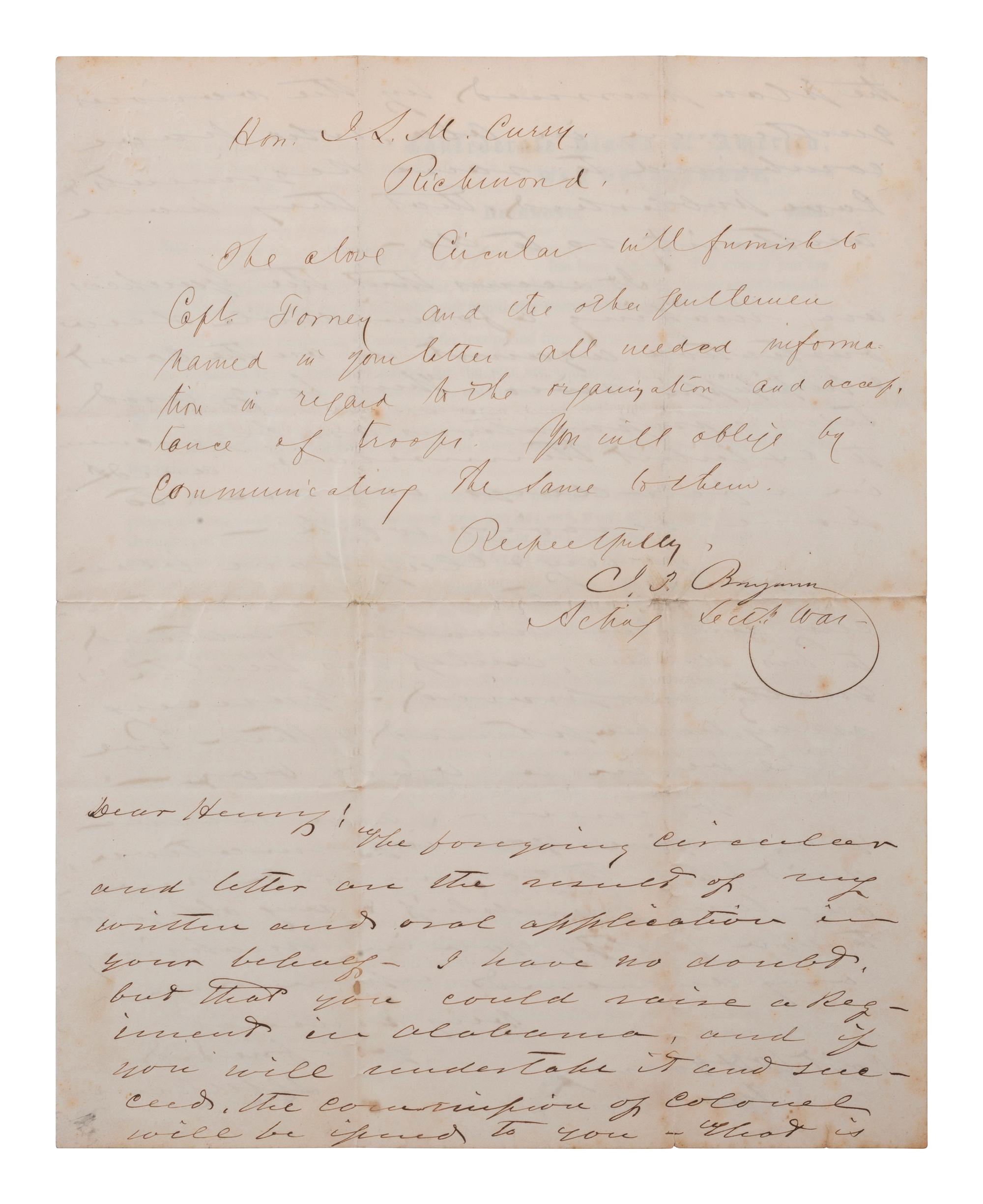 [CIVIL WAR]. BENJAMIN, Judah Philip (1811-1884). Autograph note signed ("J. P. Benjamin"), as Acting Confederate States Secretary of War, to Hon. J. L. M. CURRY. Richmond, 21 November 1861.