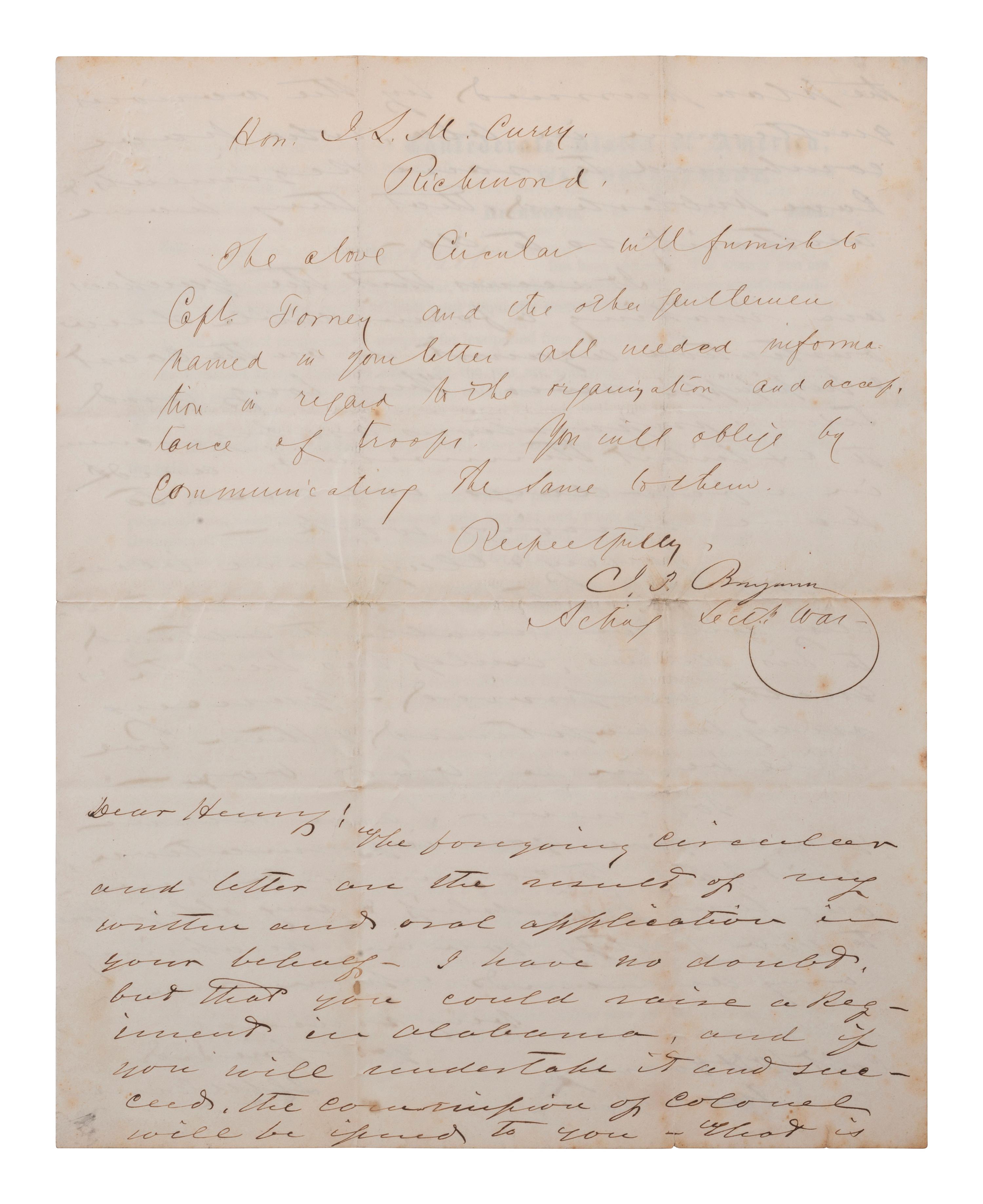 [CIVIL WAR]. BENJAMIN, Judah Philip (1811-1884). Autograph note signed ("J. P. Benjamin"), as Acting Confederate States Secretary of War, to Hon. J. L. M. CURRY. Richmond, 21 November 1861.