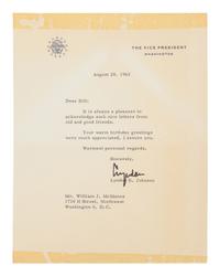 JOHNSON, Lyndon B. (1908-1973). Typed letter signed (“Lyndon”), as Vice President, to William J. McManus. Washington D.C., 28 April 1963. 1 page, 8vo, on Vice President stationary, with envelope, toning, adhesive residue to upper and lower margins.