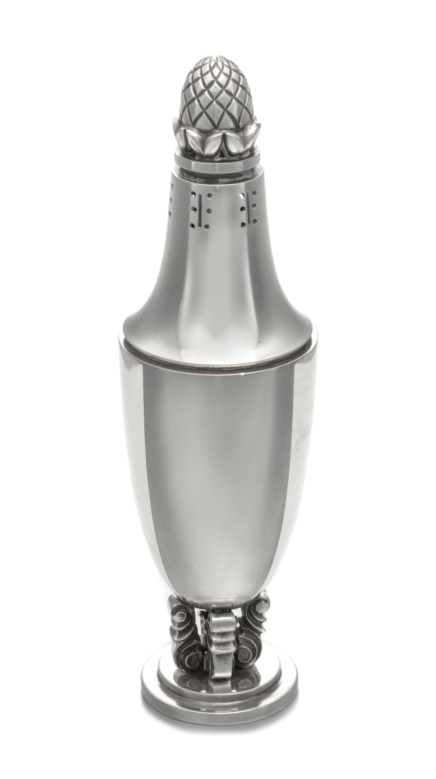 A Danish Silver Muffineer, Johan Rohde for Georg Jensen Silversmithy, Copenhagen, 20th Century, Acorn pattern.