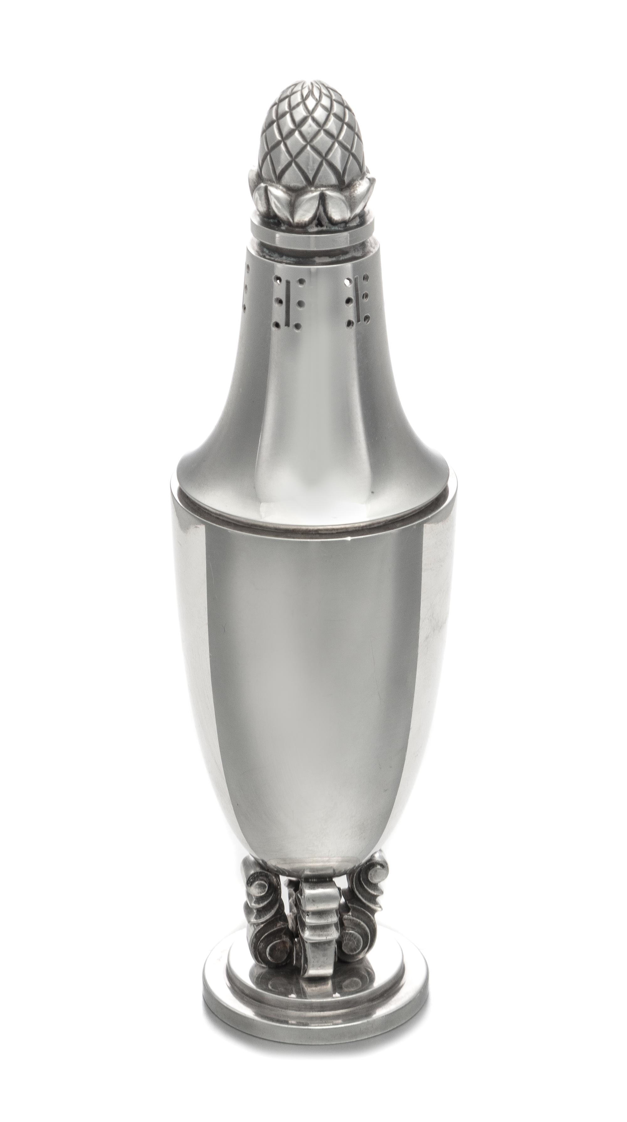 A Danish Silver Muffineer, Johan Rohde for Georg Jensen Silversmithy, Copenhagen, 20th Century, Acorn pattern.