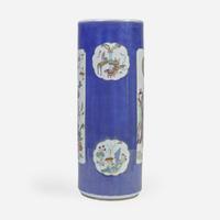 A Chinese powder-blue ground umbrella vase 洒蓝地开光瓷瓶