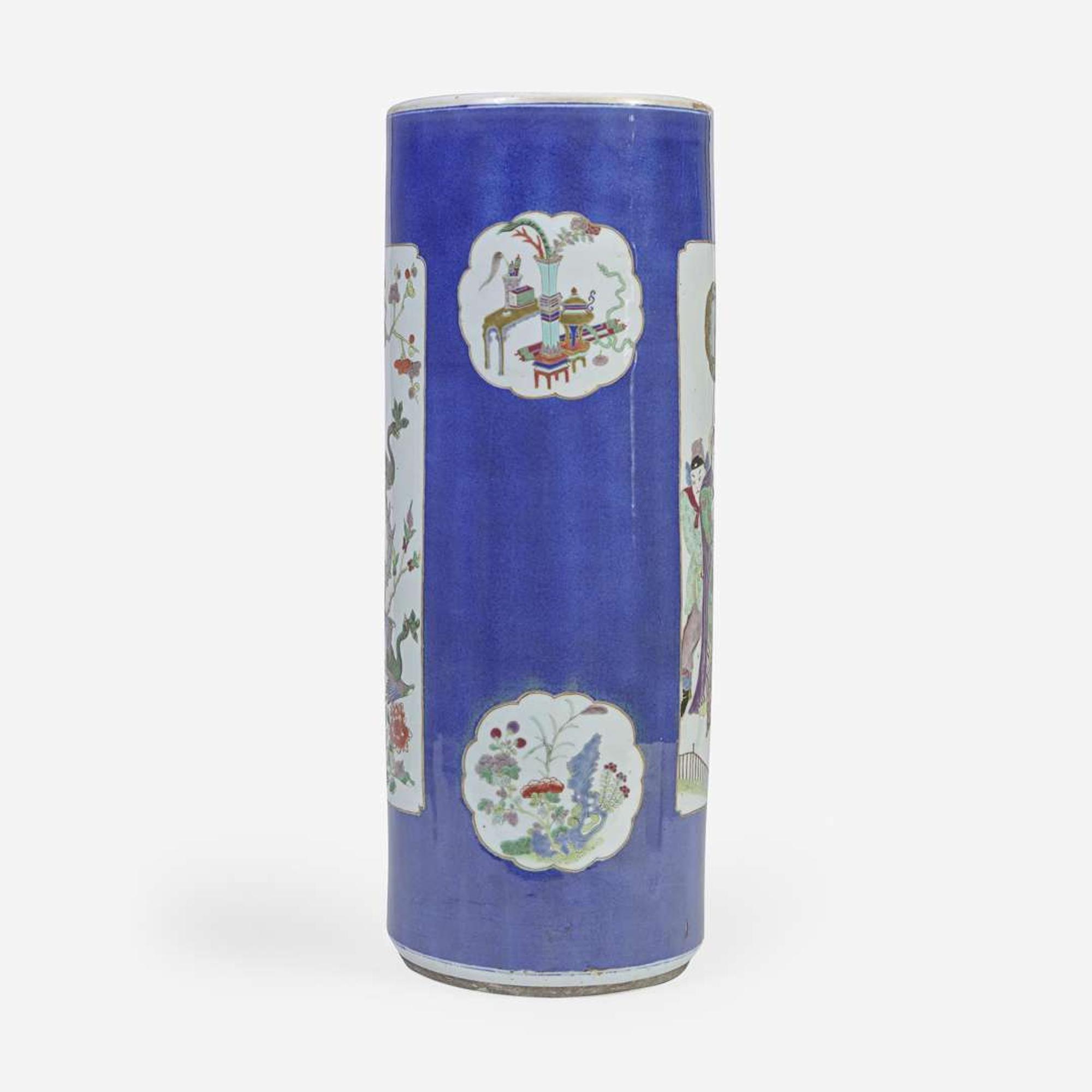 A Chinese powder-blue ground umbrella vase 洒蓝地开光瓷瓶