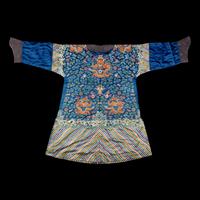 A Chinese Blue Ground Embroidered Silk 'Dragon' Robe, Jifu , 19th Century 清晚期 藍緞地綉云龍紋吉服