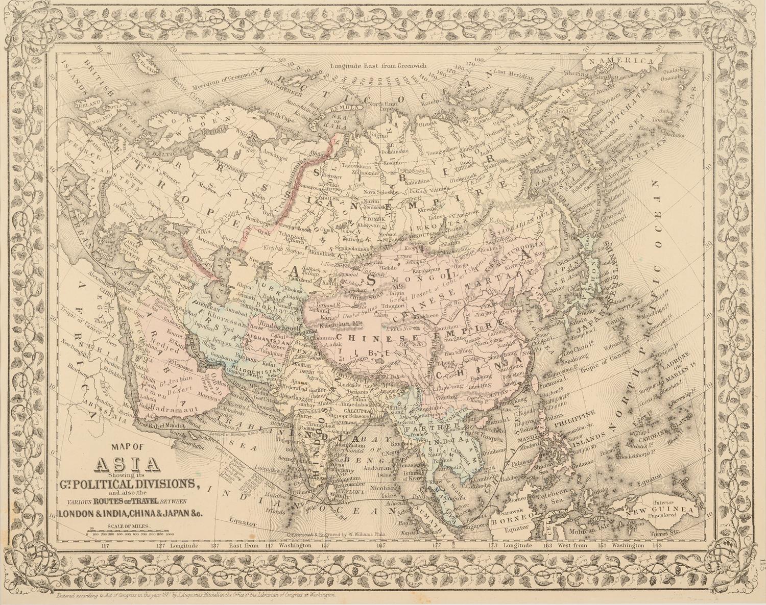 WILLIAMS W. Map of Asia Showing the Gt. Political Divisions and also Showing the Various Routes of Travel between London & India, China, Japan . Philadelphia: N.d. Plate 115. 20 ¼ x 23 ¼ in. Matted and framed.