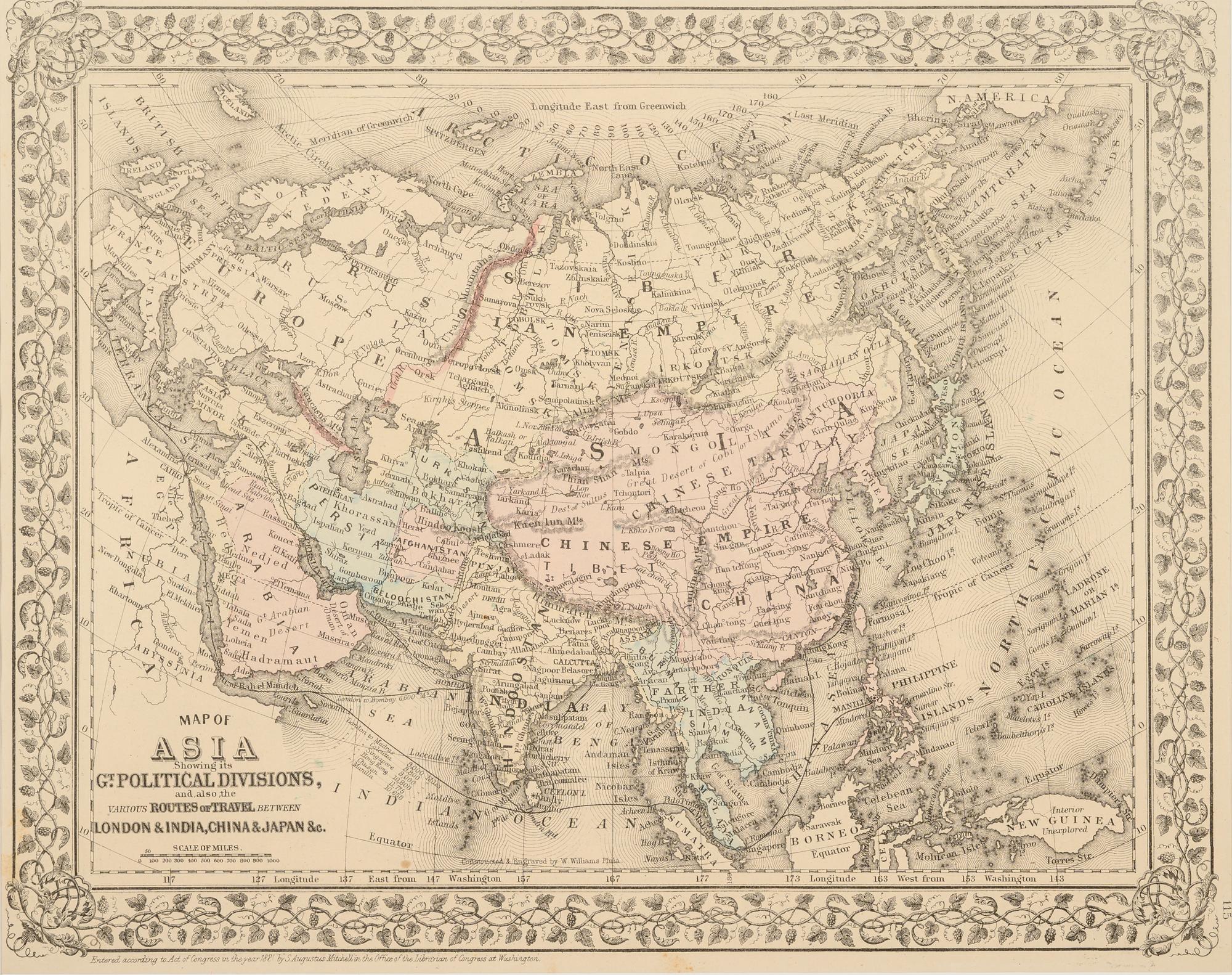 WILLIAMS W. Map of Asia Showing the Gt. Political Divisions and also Showing the Various Routes of Travel between London & India, China, Japan . Philadelphia: N.d. Plate 115. 20 ¼ x 23 ¼ in. Matted and framed.