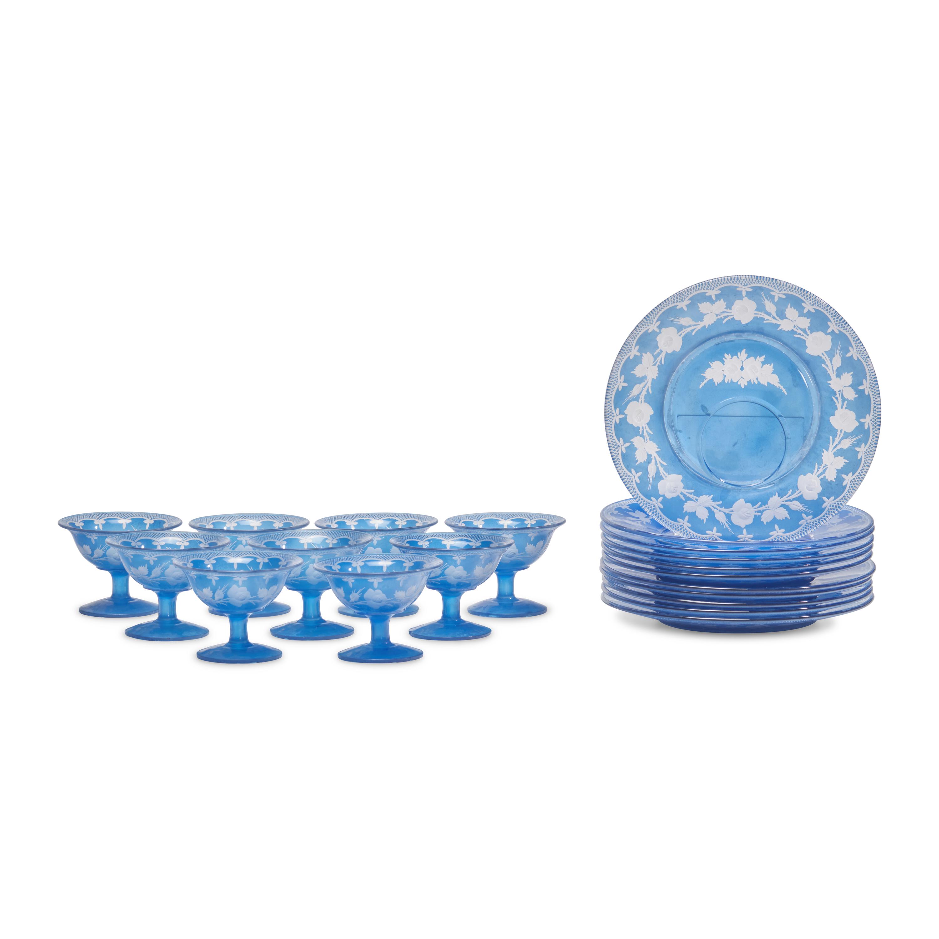A Blue Cut-to-Clear Glass Dessert Service