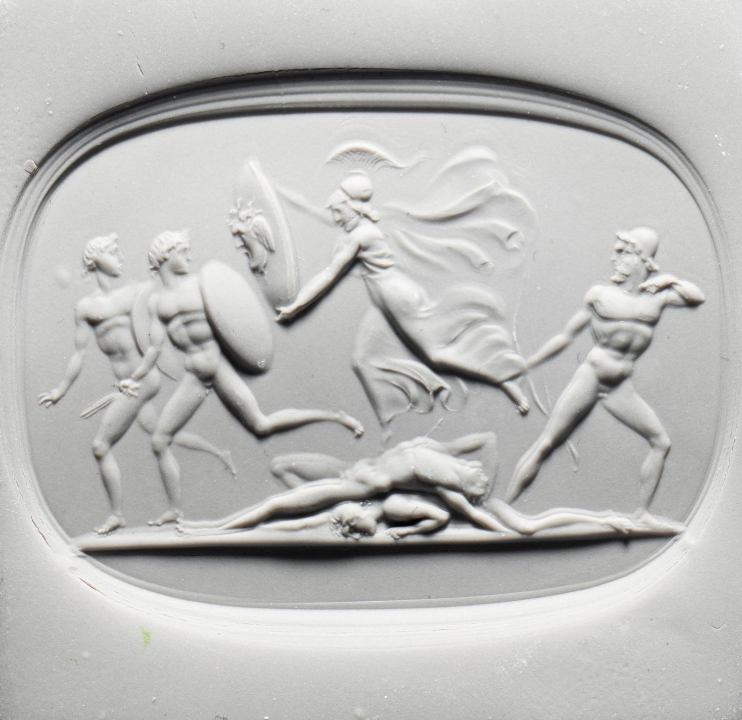 A Neoclassical Carnelian Intaglio with Ulysses and Minerva Frightening the Suitors with the Aegis.