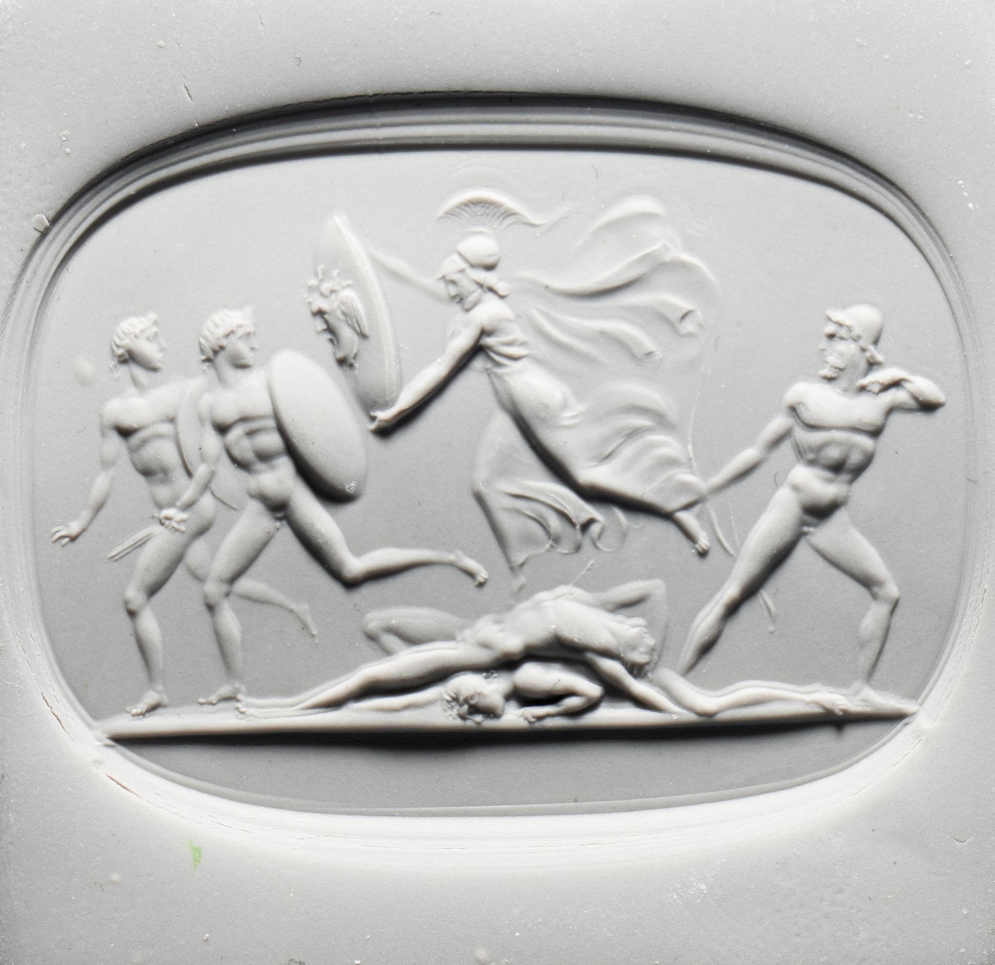 A Neoclassical Carnelian Intaglio with Ulysses and Minerva Frightening the Suitors with the Aegis.