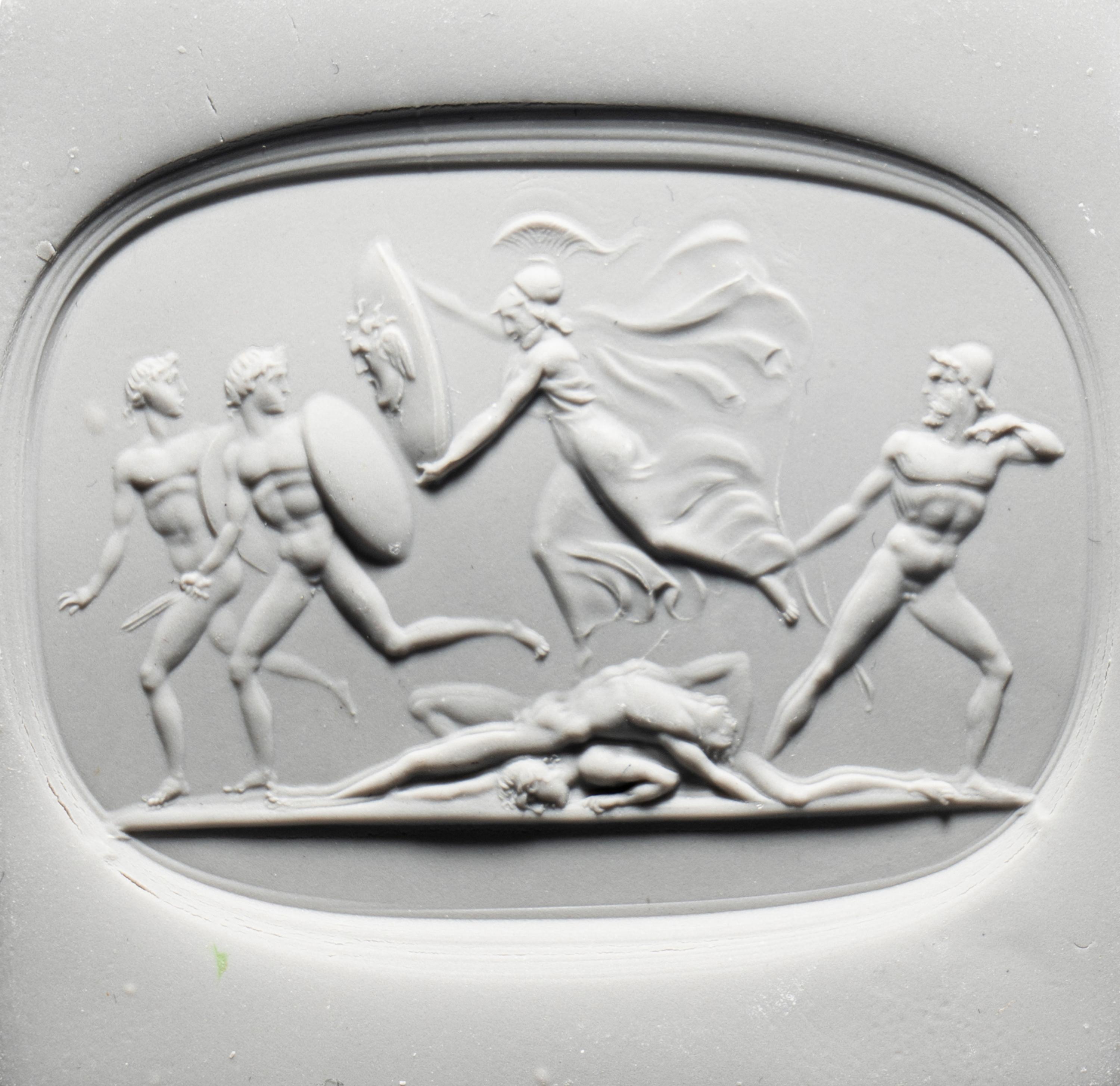 A Neoclassical Carnelian Intaglio with Ulysses and Minerva Frightening the Suitors with the Aegis.