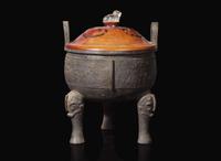 A large Chinese patinated bronze archaistic tripod censer, Ding, and wood cover, The Bronze 17th/18th Century or Earlier 清 青銅鼎式爐