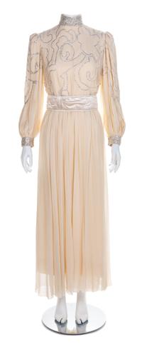 Galanos Sheer Cream Chiffon Pleated Gown and Belt, 1970s No size label