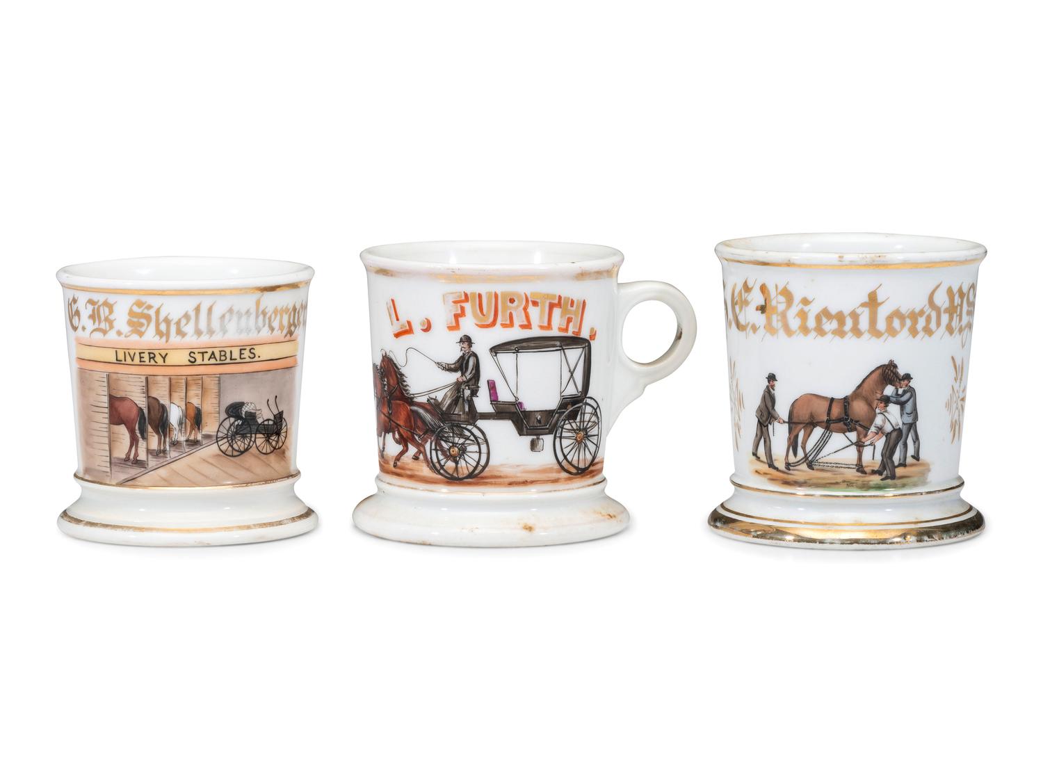 Three Equestrian Porcelain Occupational Shaving Mugs