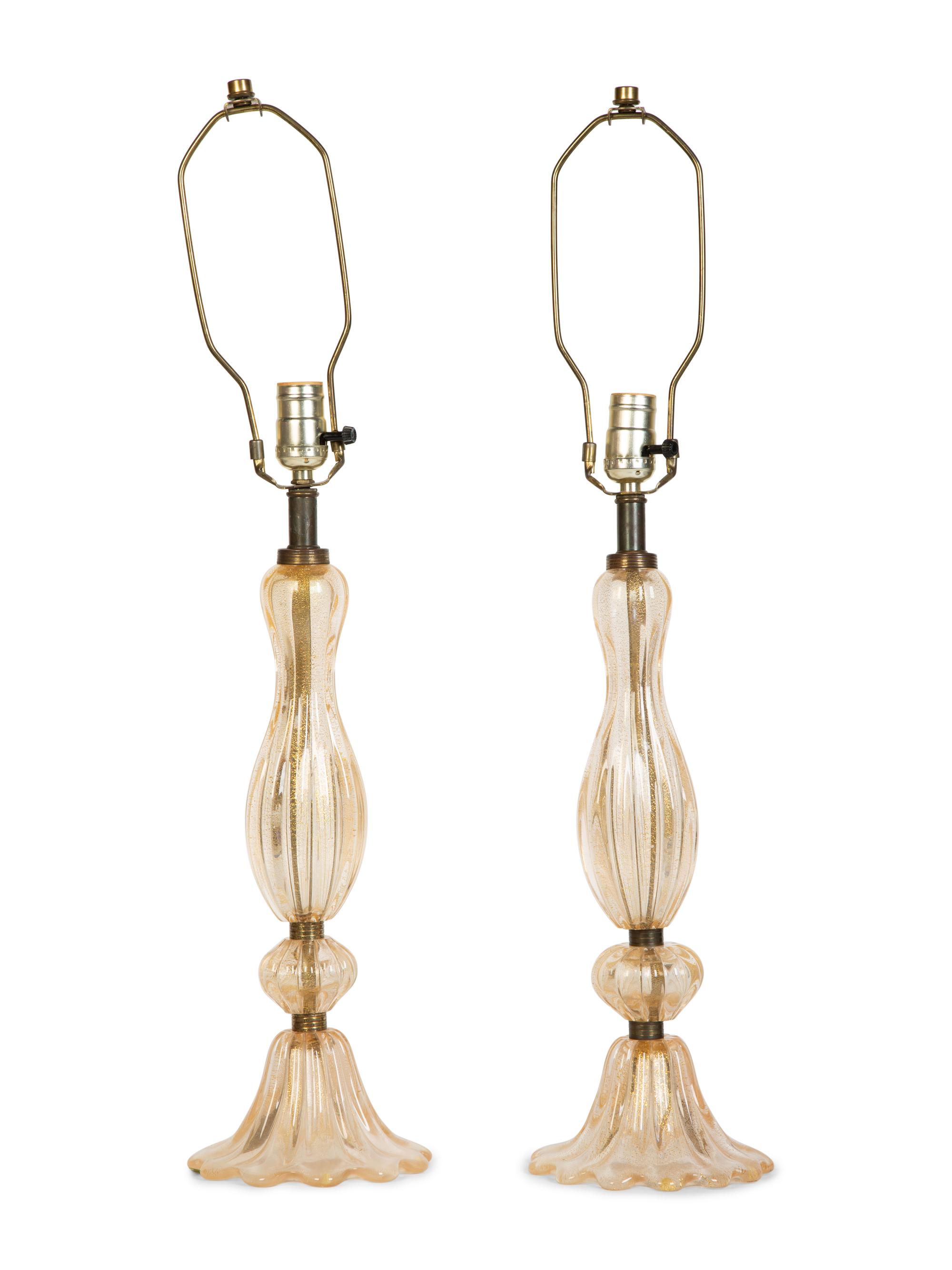 Pair of Murano Avventurina Pink Glass Table Lamps — 20th Century