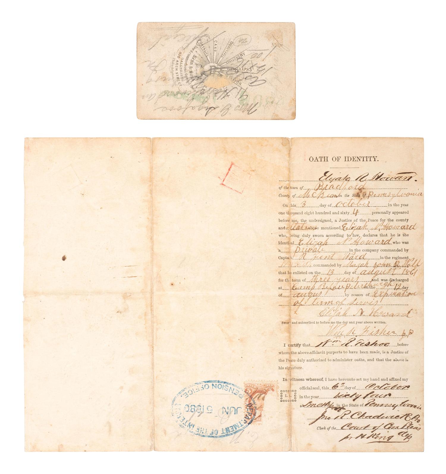 [CIVIL WAR]. Small archive associated with Private Elijah N. Howard, Co. I, 42nd Pennsylvania Infantry, the "Bucktails," incl. 1862 diary and CDV.