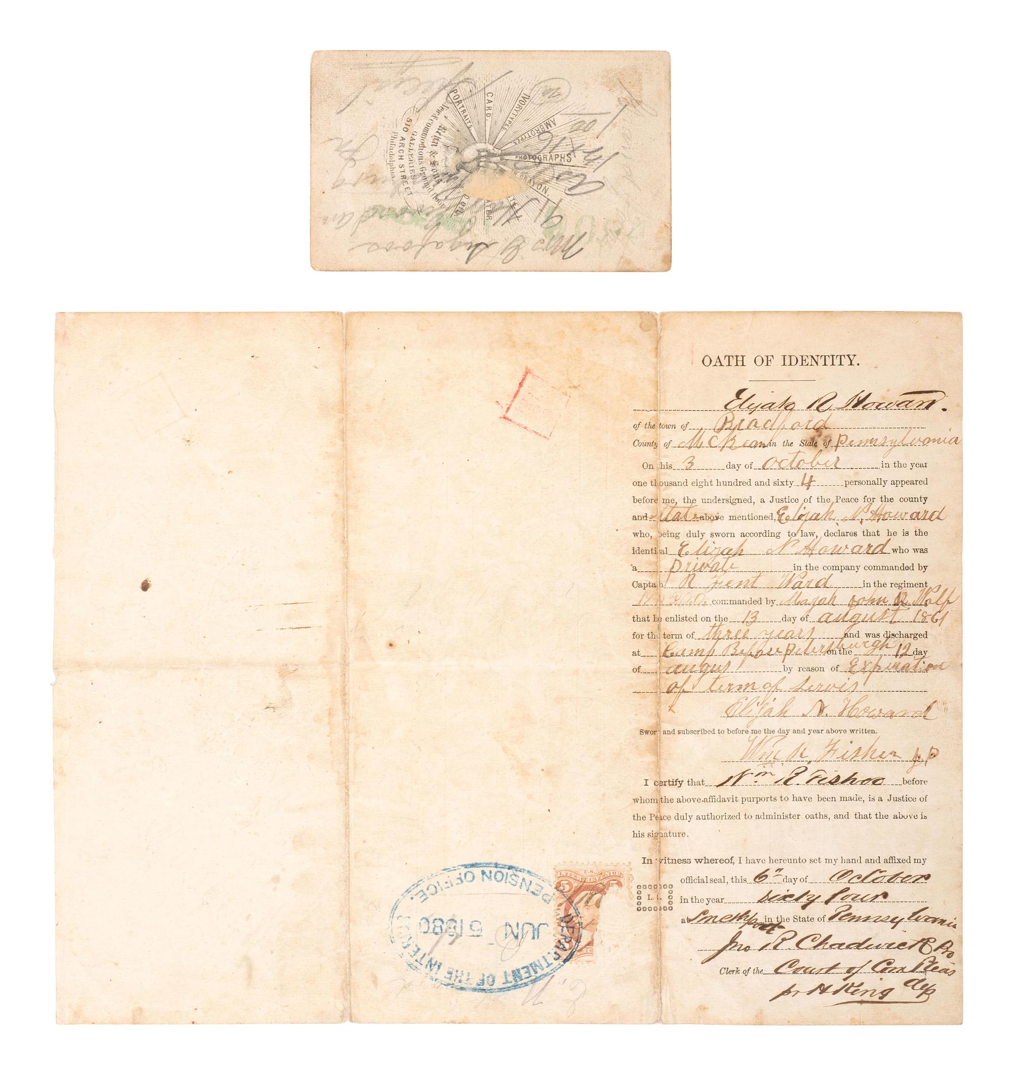 [CIVIL WAR]. Small archive associated with Private Elijah N. Howard, Co. I, 42nd Pennsylvania Infantry, the "Bucktails," incl. 1862 diary and CDV.