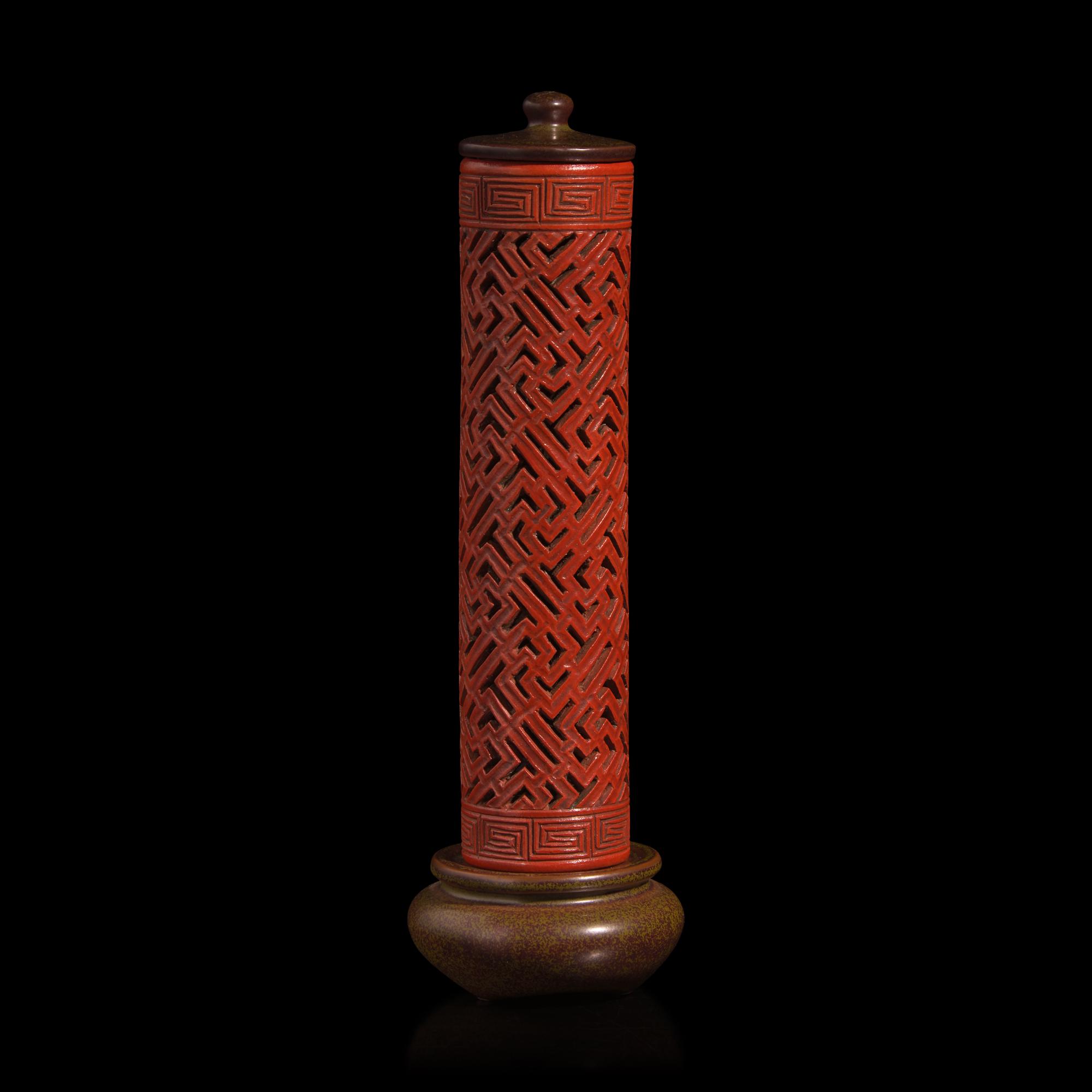 A Chinese Enameled Porcelain Faux Bronze and Lacquer Perfumier — 瓷胎仿剔紅萬字不到頭香筒