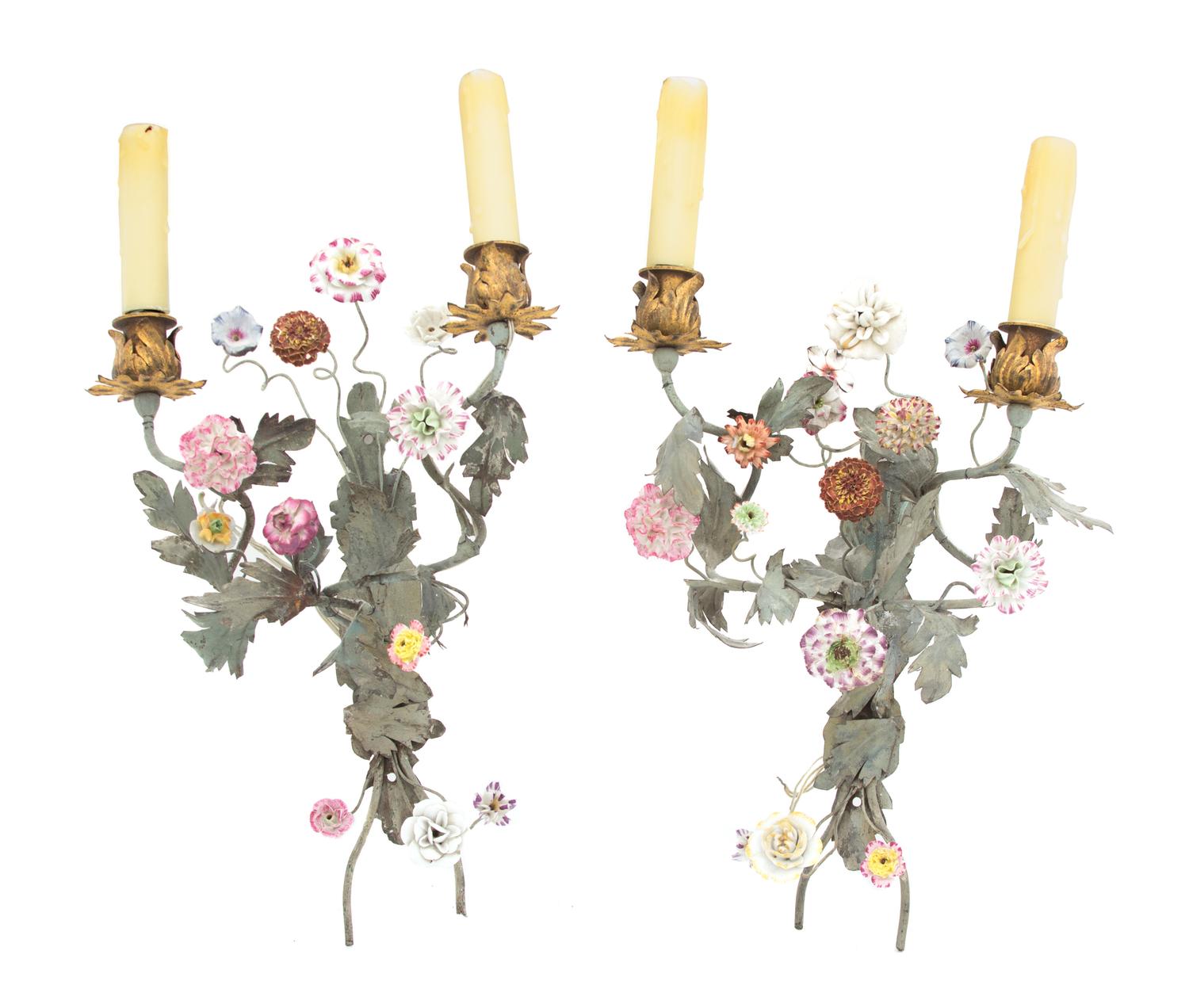 Two Pairs of Gilt Metal and Porcelain Flower Mounted Wall Sconces Height of taller 17 1/2 inches.