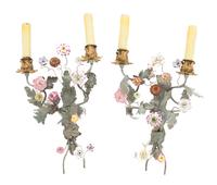 Two Pairs of Gilt Metal and Porcelain Flower Mounted Wall Sconces Height of taller 17 1/2 inches.