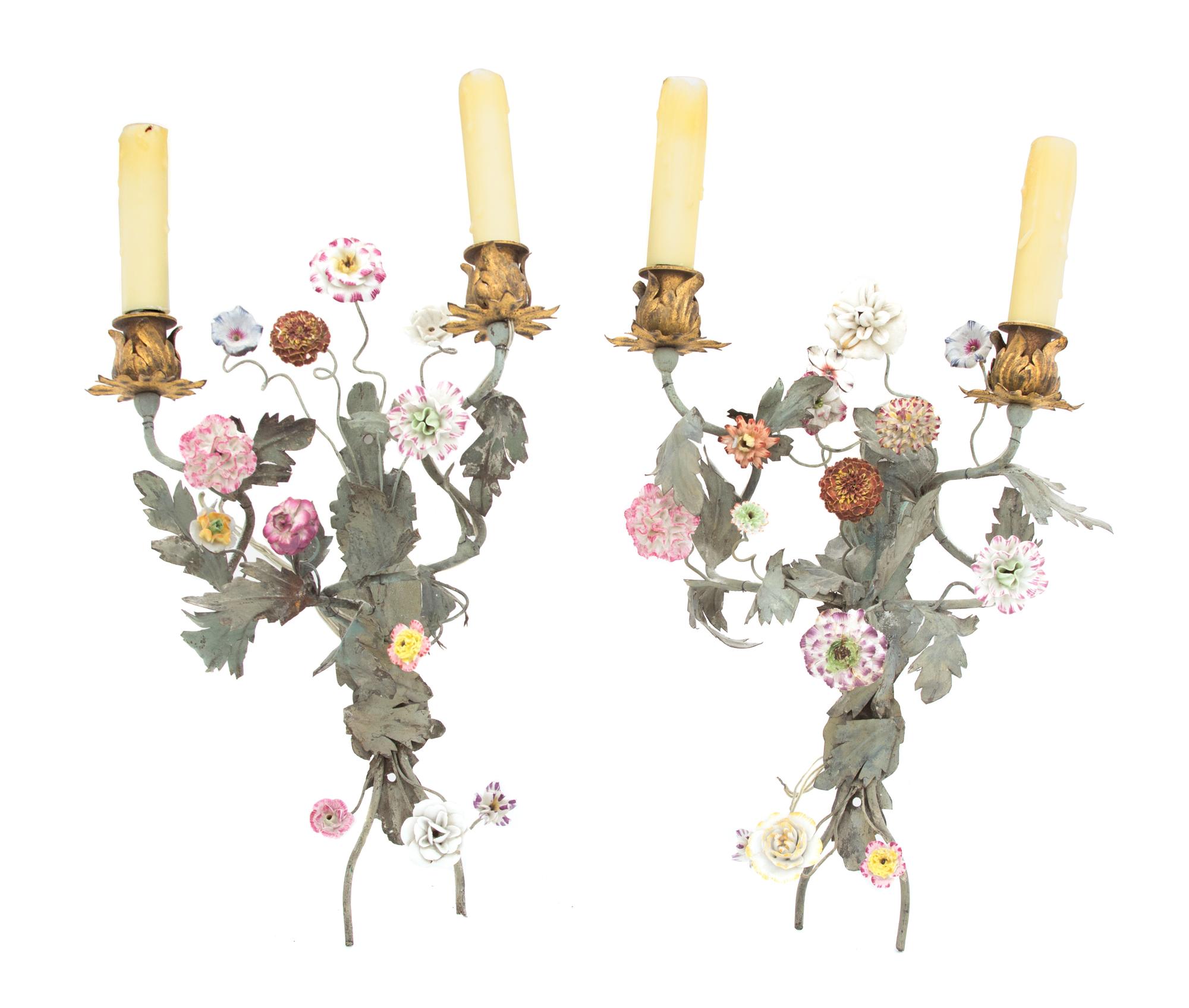 Two Pairs of Gilt Metal and Porcelain Flower Mounted Wall Sconces Height of taller 17 1/2 inches.