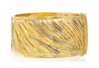 An 18 and 24 Karat Tri Color Gold Bangle Bracelet, Marne Ryan, 66.30 dwts.
