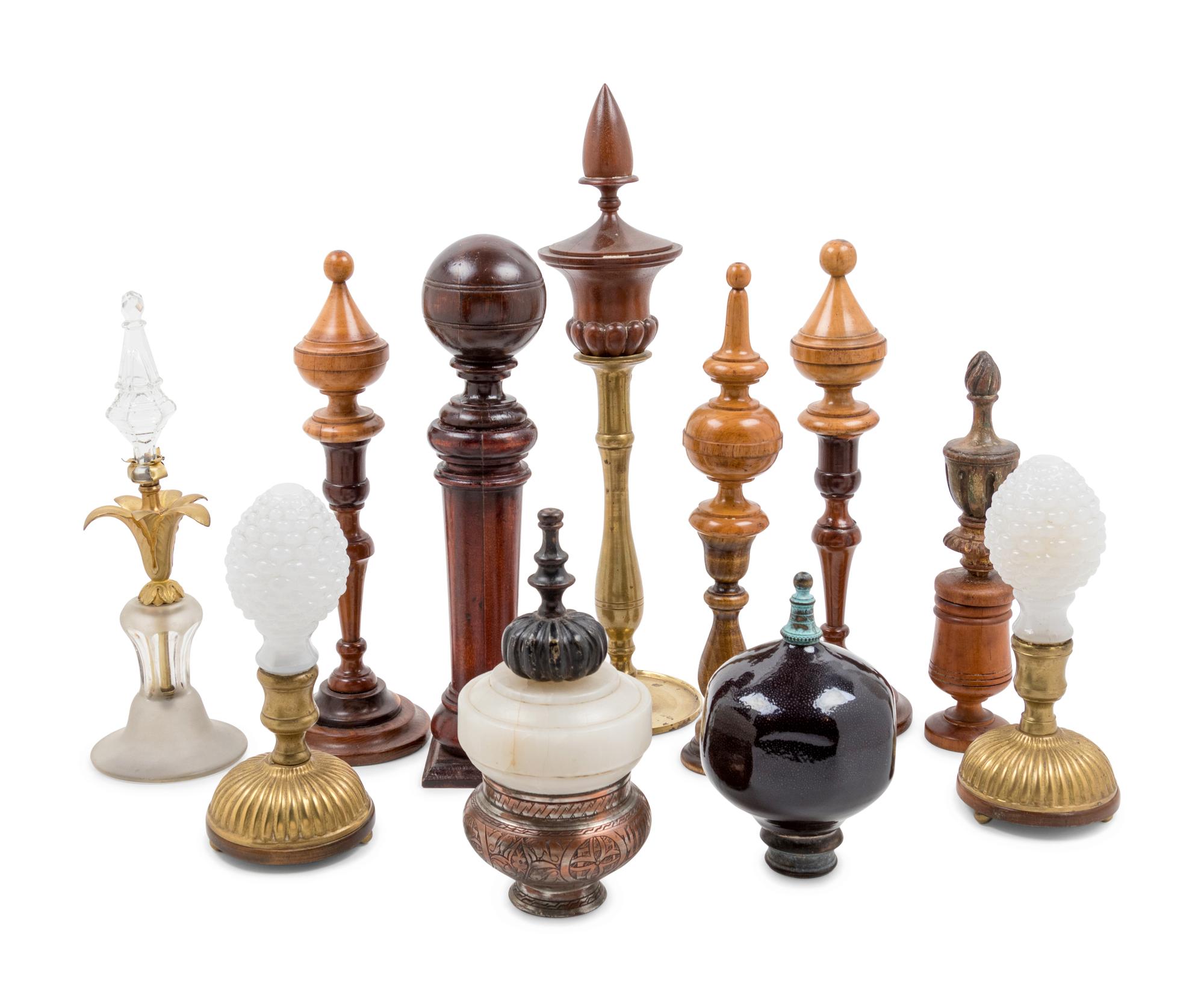 Eleven Decorative Turned Wood and Glass Finials