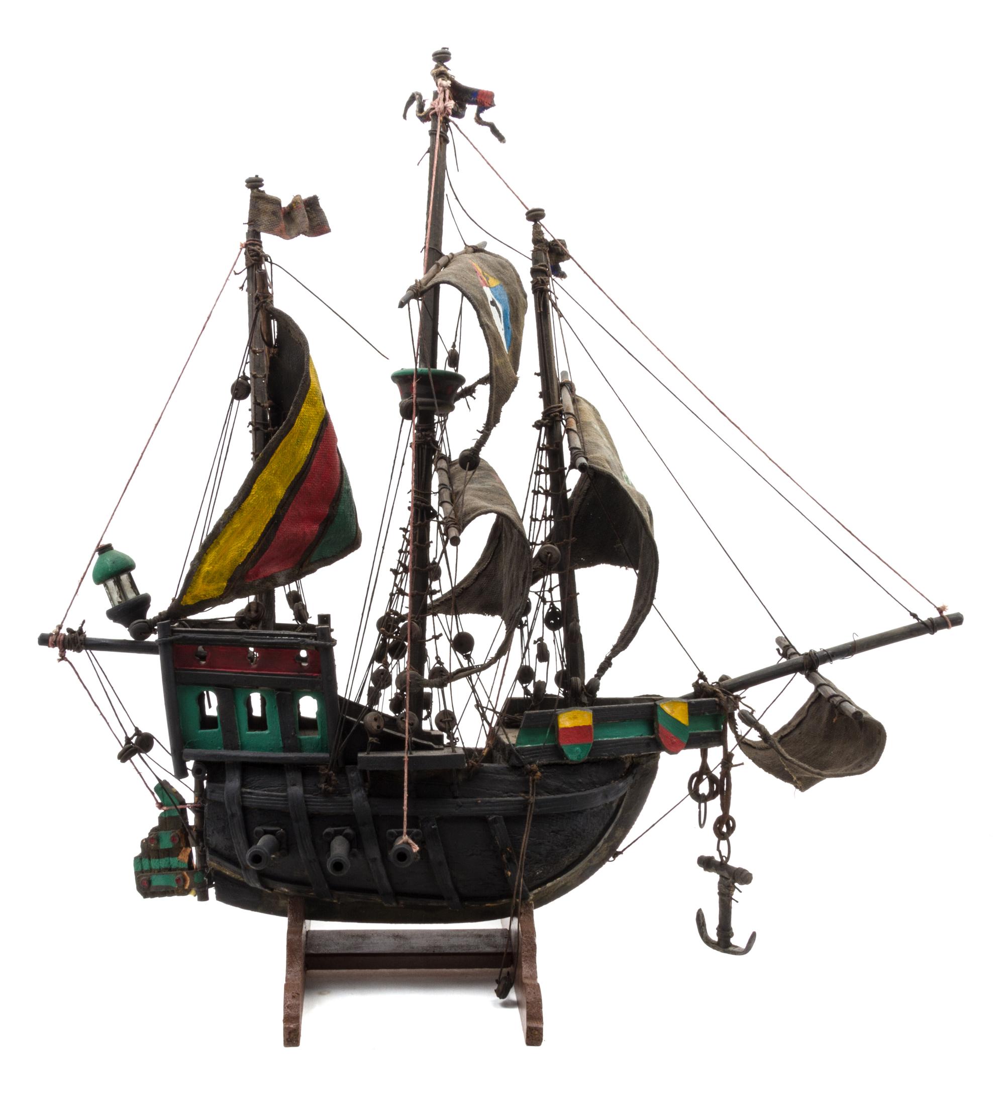 An American Polychrome Wood Ship Model Height 21 x length 22 1/4 inches. — LIKELY MODELED AFTER THE SANTA MARIA