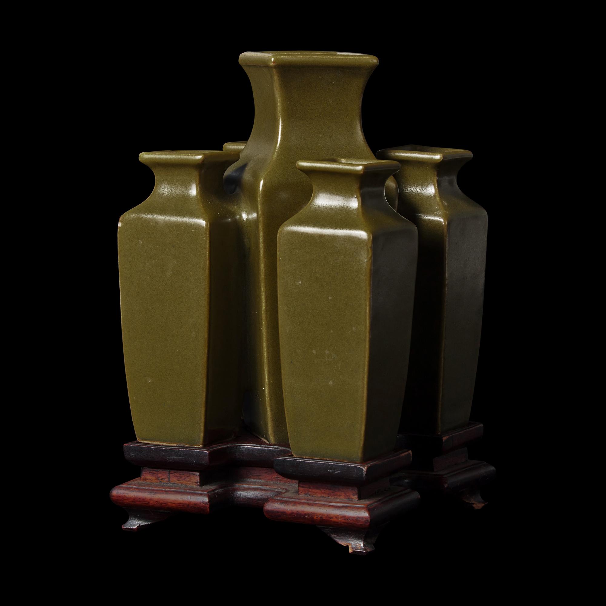 An Unusual Chinese Teadust Glazed Five-Mouthed Conjoined Vase 茶葉末釉五聯瓶