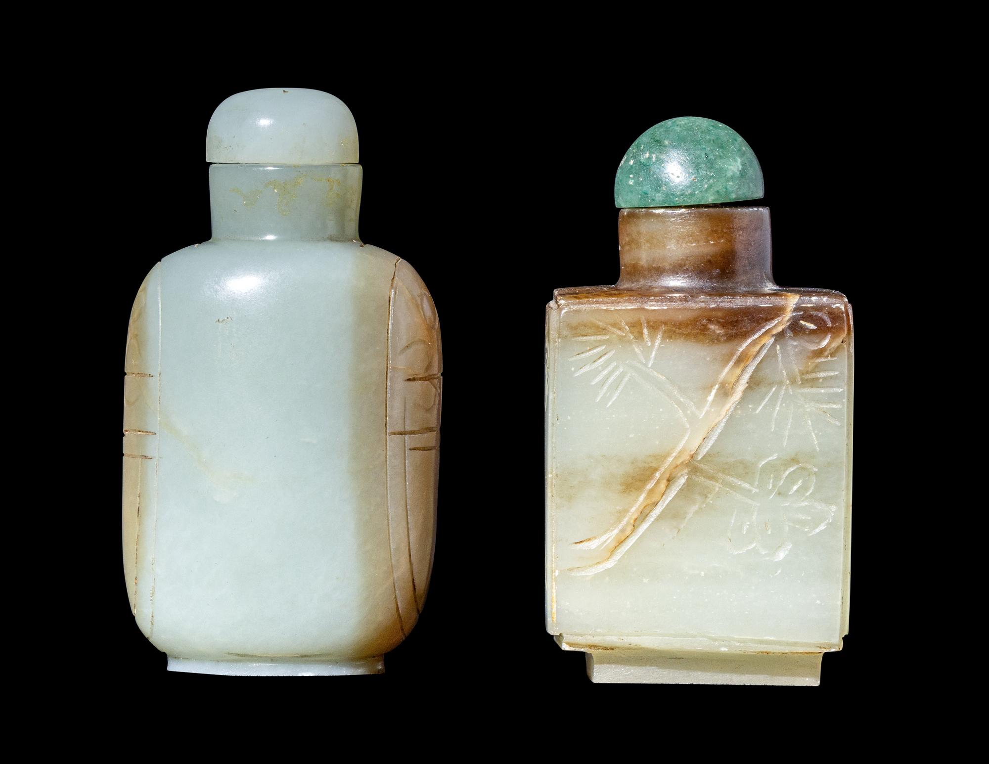 Two Chinese Russet and Greyish Celadon Jade Snuff Bottles